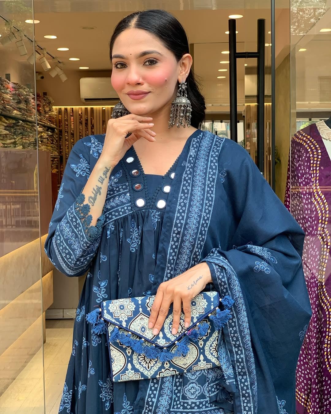 Nermosa Women Printed Anarkali Kurta Set - Blue - Image 2