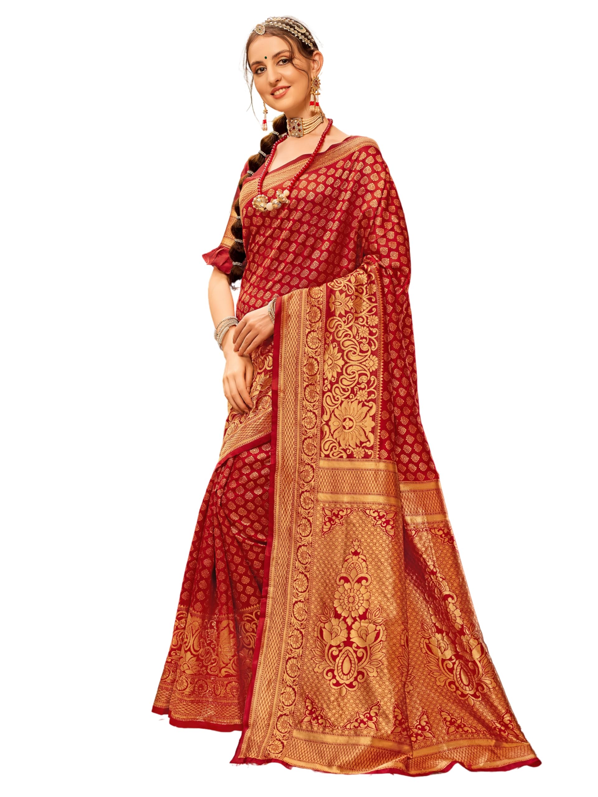 EthnicJunction Women Silk Blend Banarasi Saree - Red