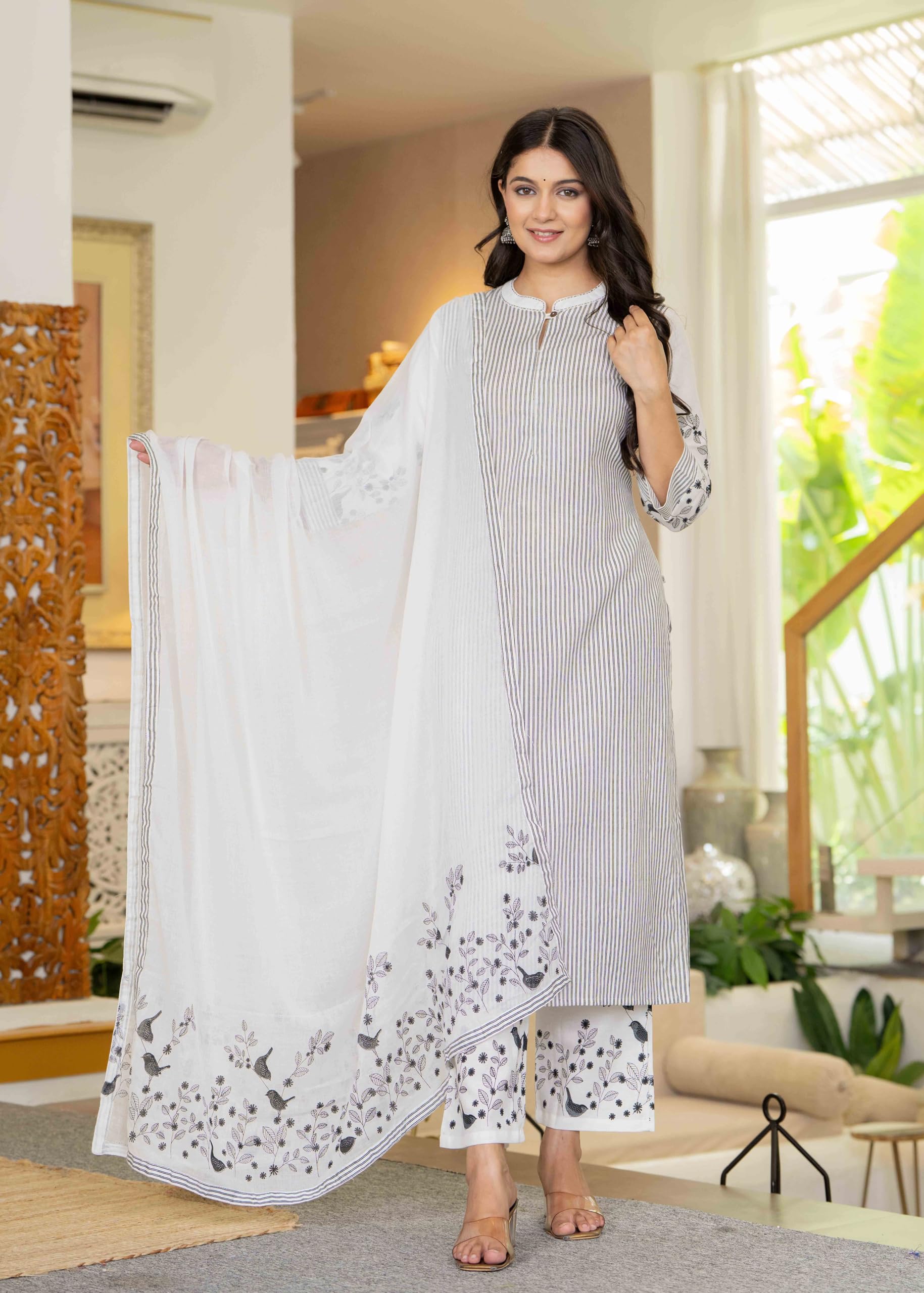 GarbGlide Women Cotton Striped Salwar Suit - Off White - Image 2