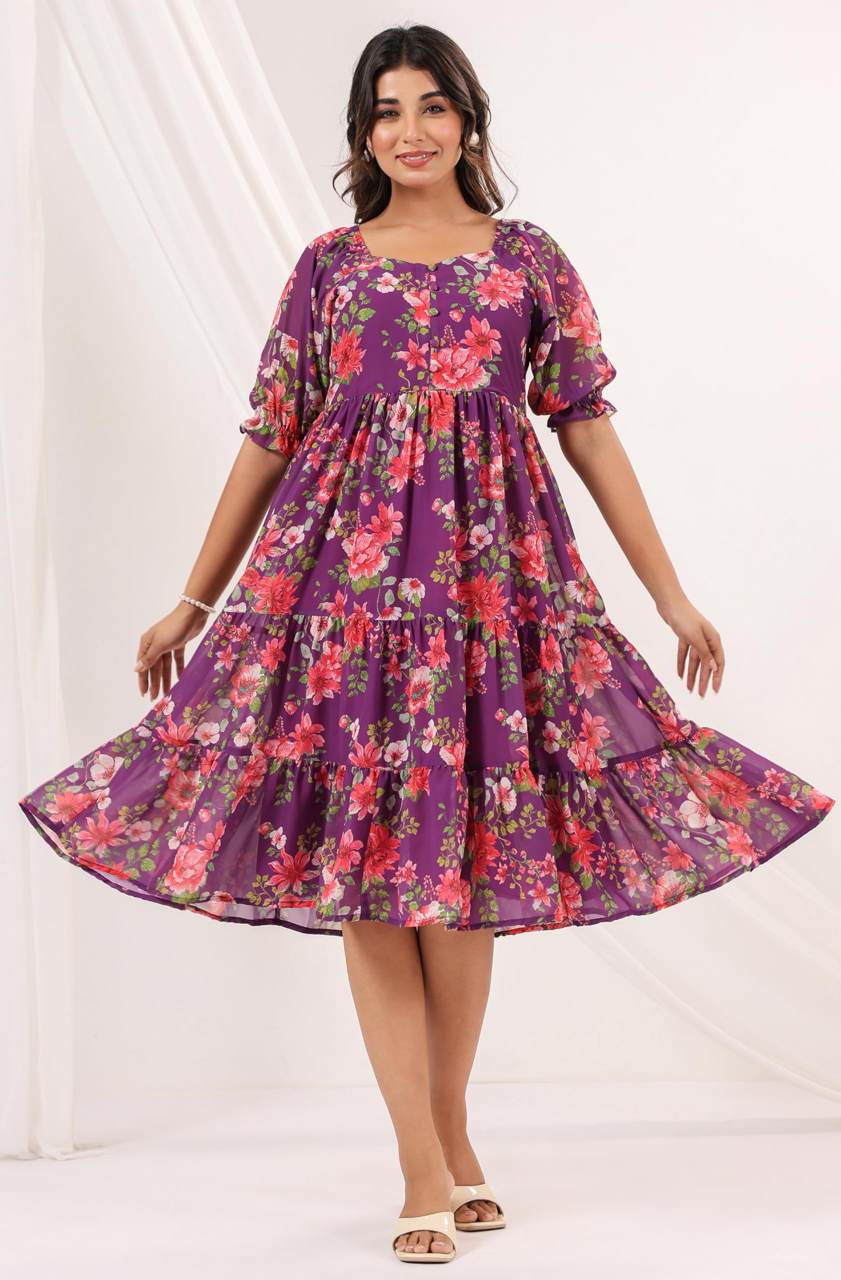 Janasya Women's Purple Georgette Floral Tiered Dress - Image 3
