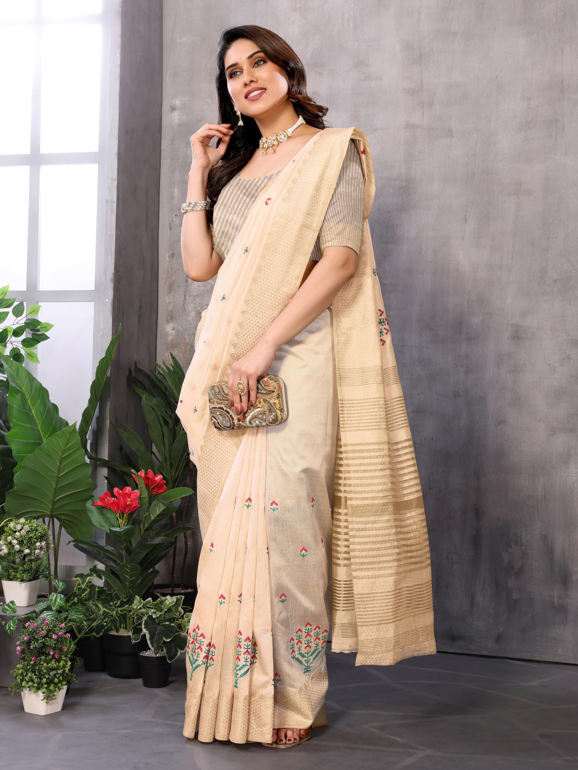 StyleScope Assam Cotton Silk Saree for Women - Golden - Image 3