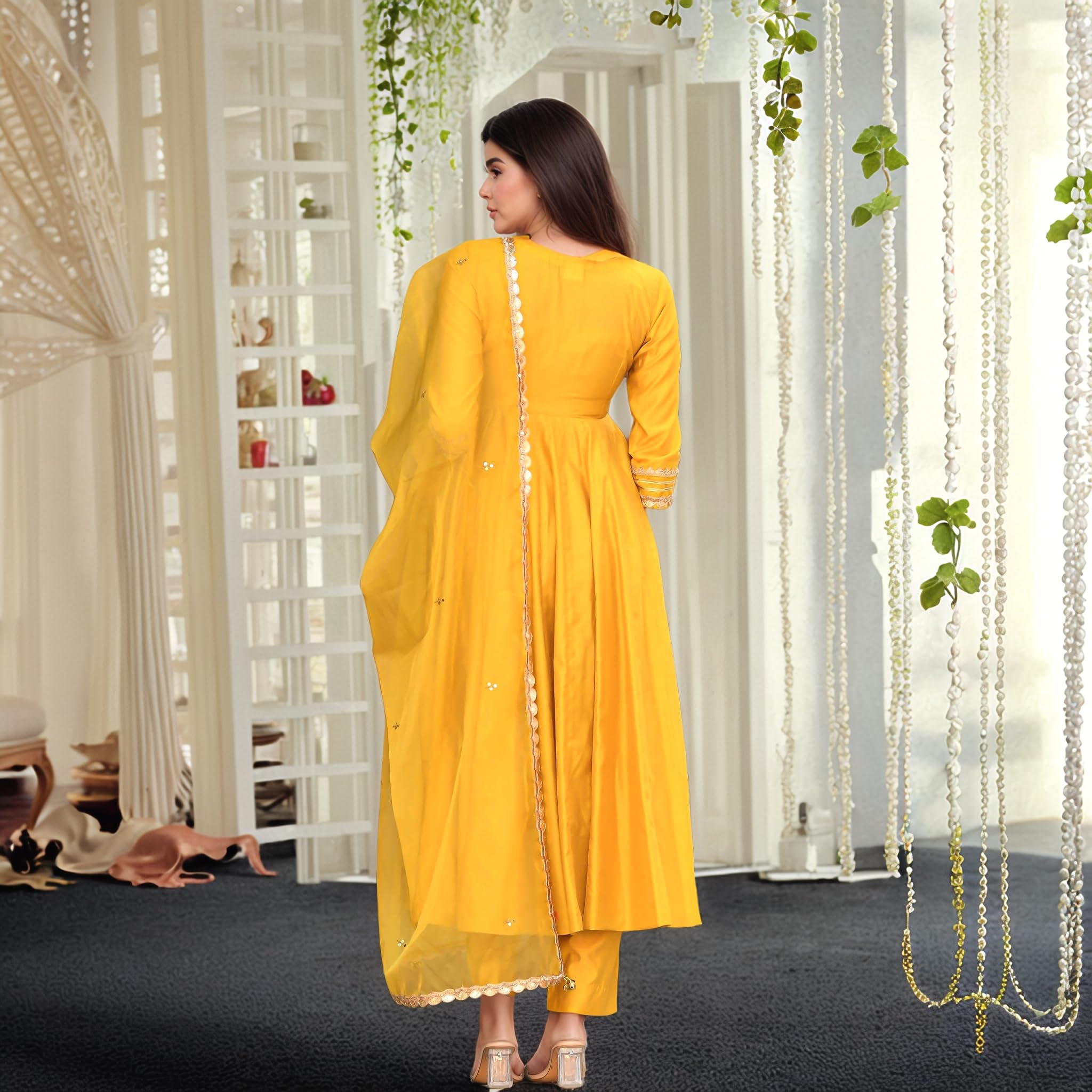 Yellow Rayon Viscose Anarkali Kurta Set for Women - Image 2