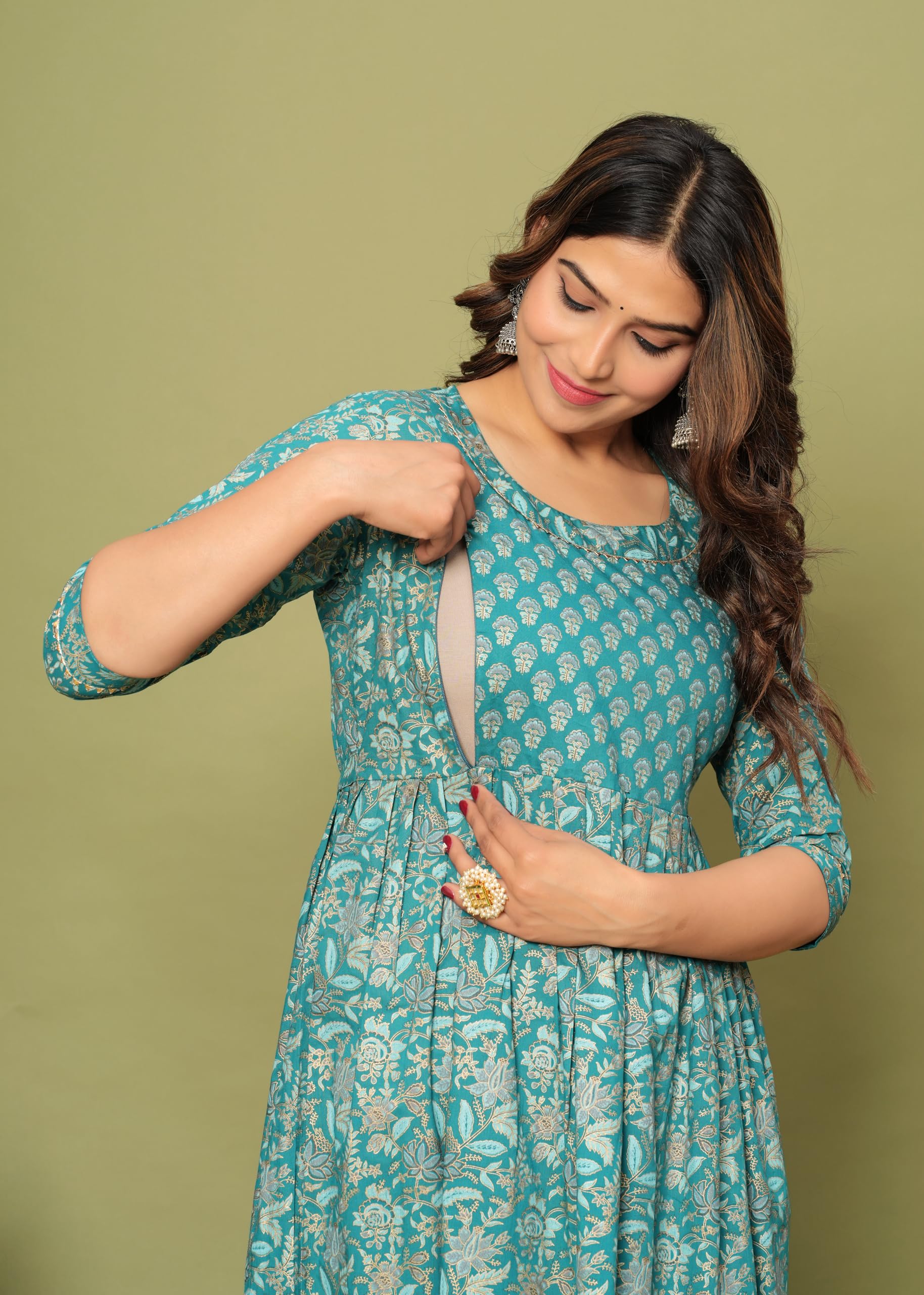 Aqua Blue Floral Maternity Kurti Gown - Image 5