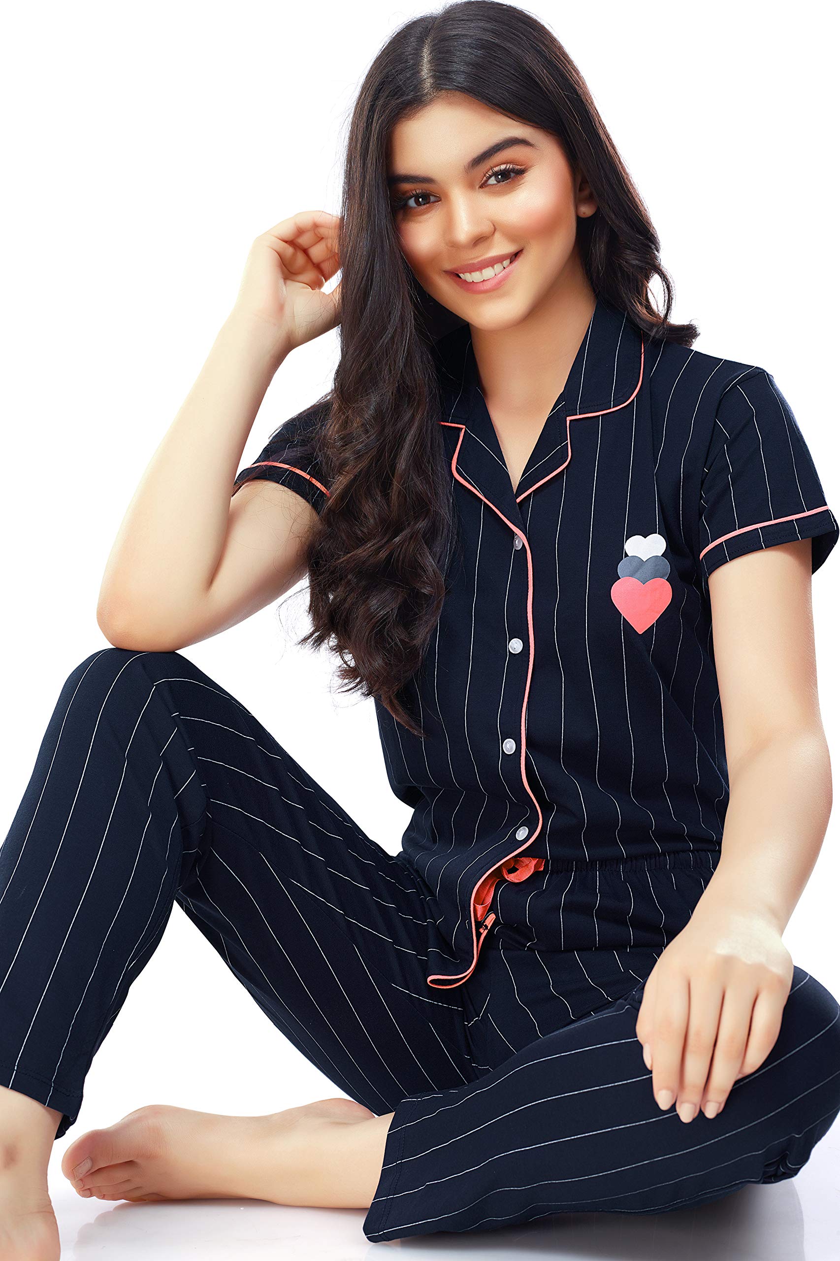 ZEYO Navy Blue Striped Cotton Night Suit for Women - Image 5