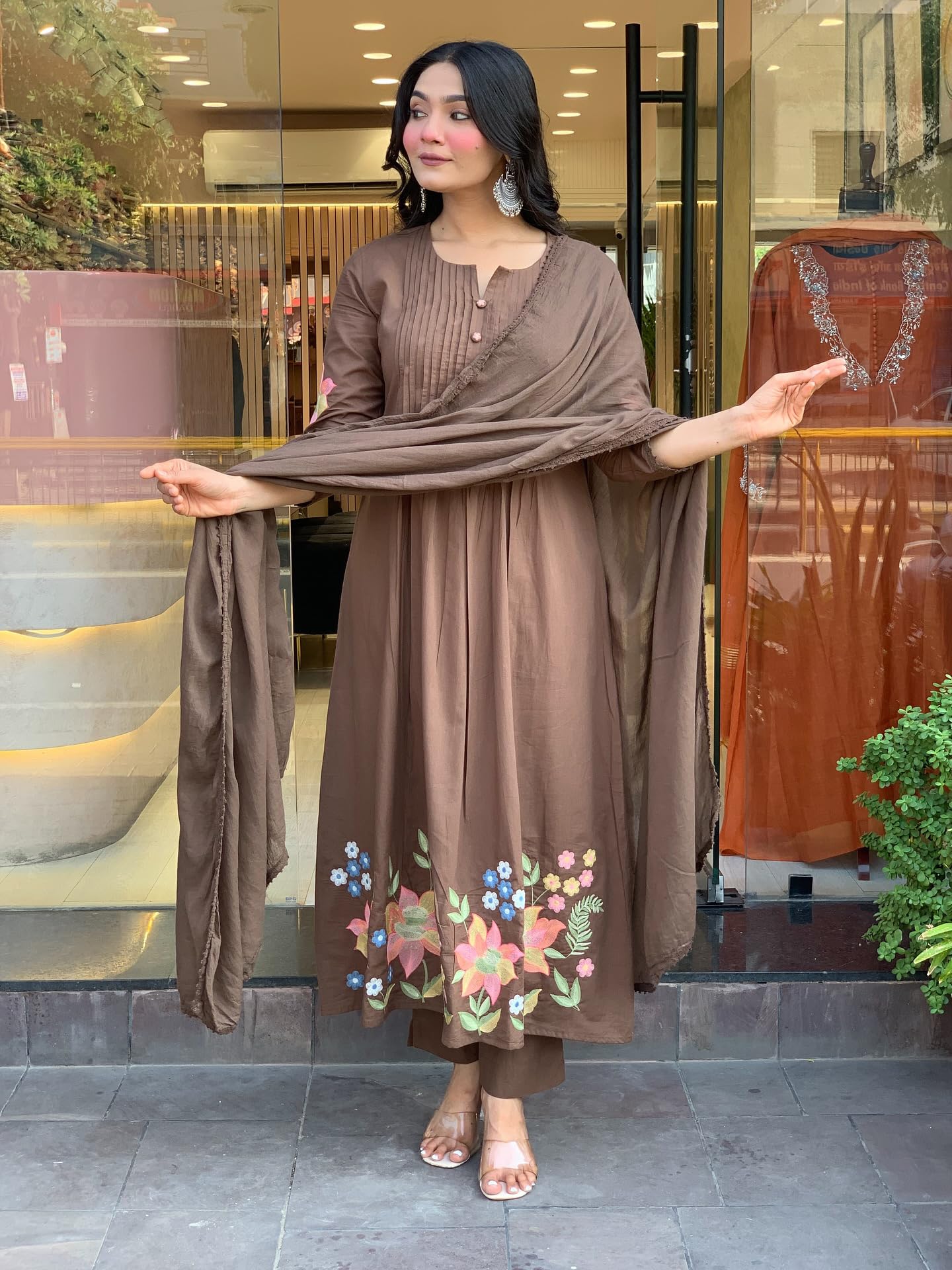 GoSriKi Women's Anarkali Kurta with Pant and Dupatta - Brown - Image 5