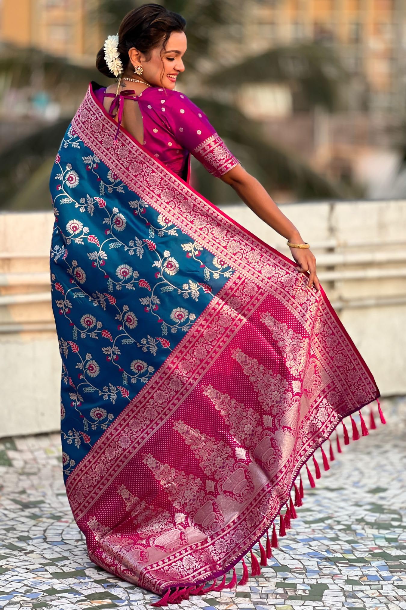 GarbGlide Women's Kanjivaram Silk Saree - Rama Blue - Image 4