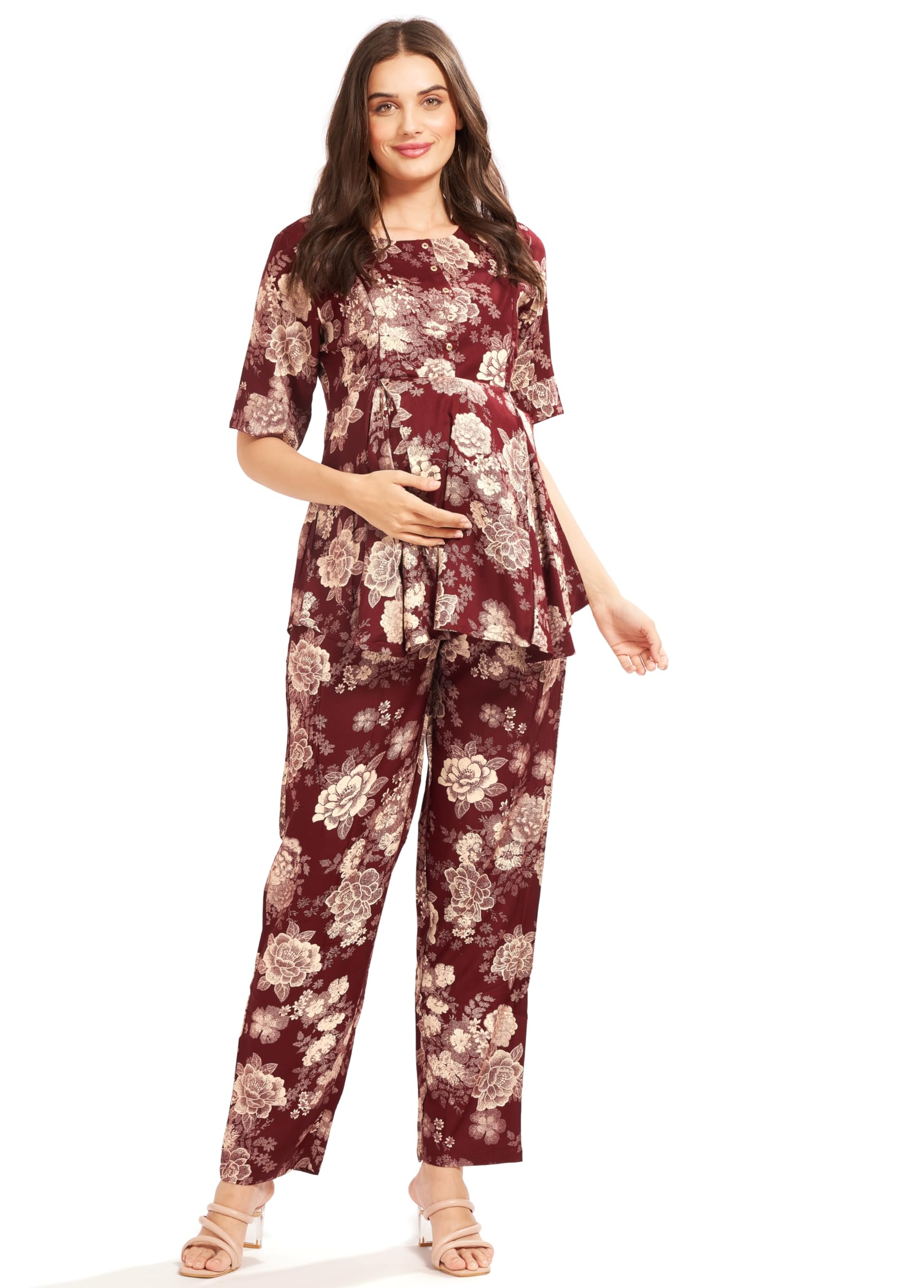 GarbGlide Women Maternity Top & Pyjama Set - Maroon