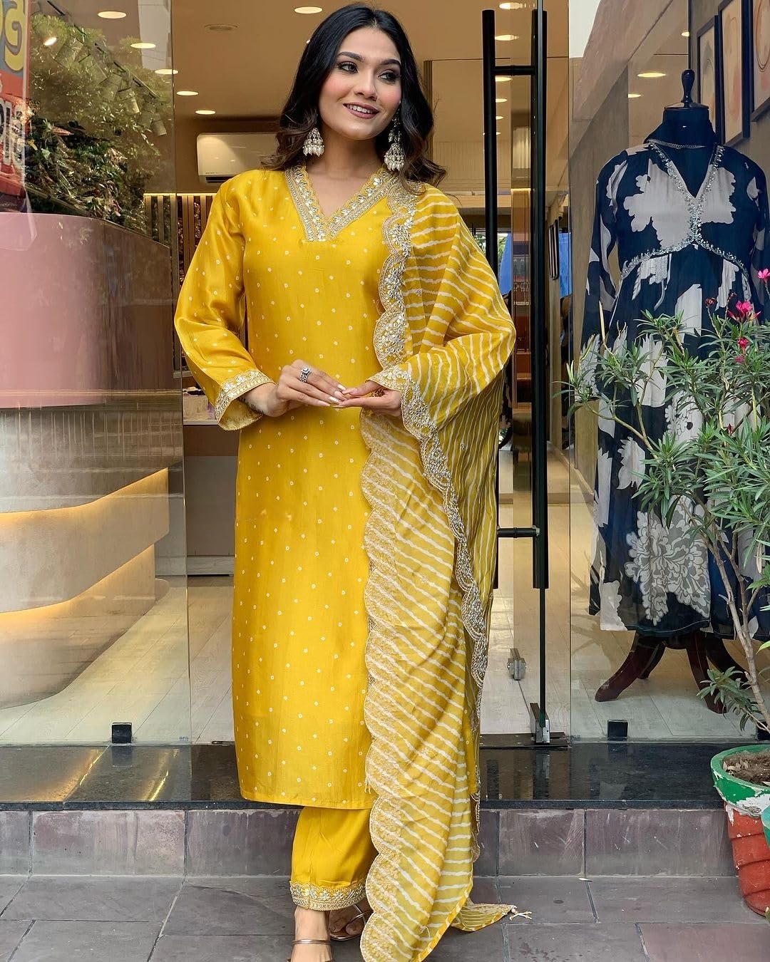 Yellow Silk Blend Kurta Pant Set with Dupatta for Women - Image 5