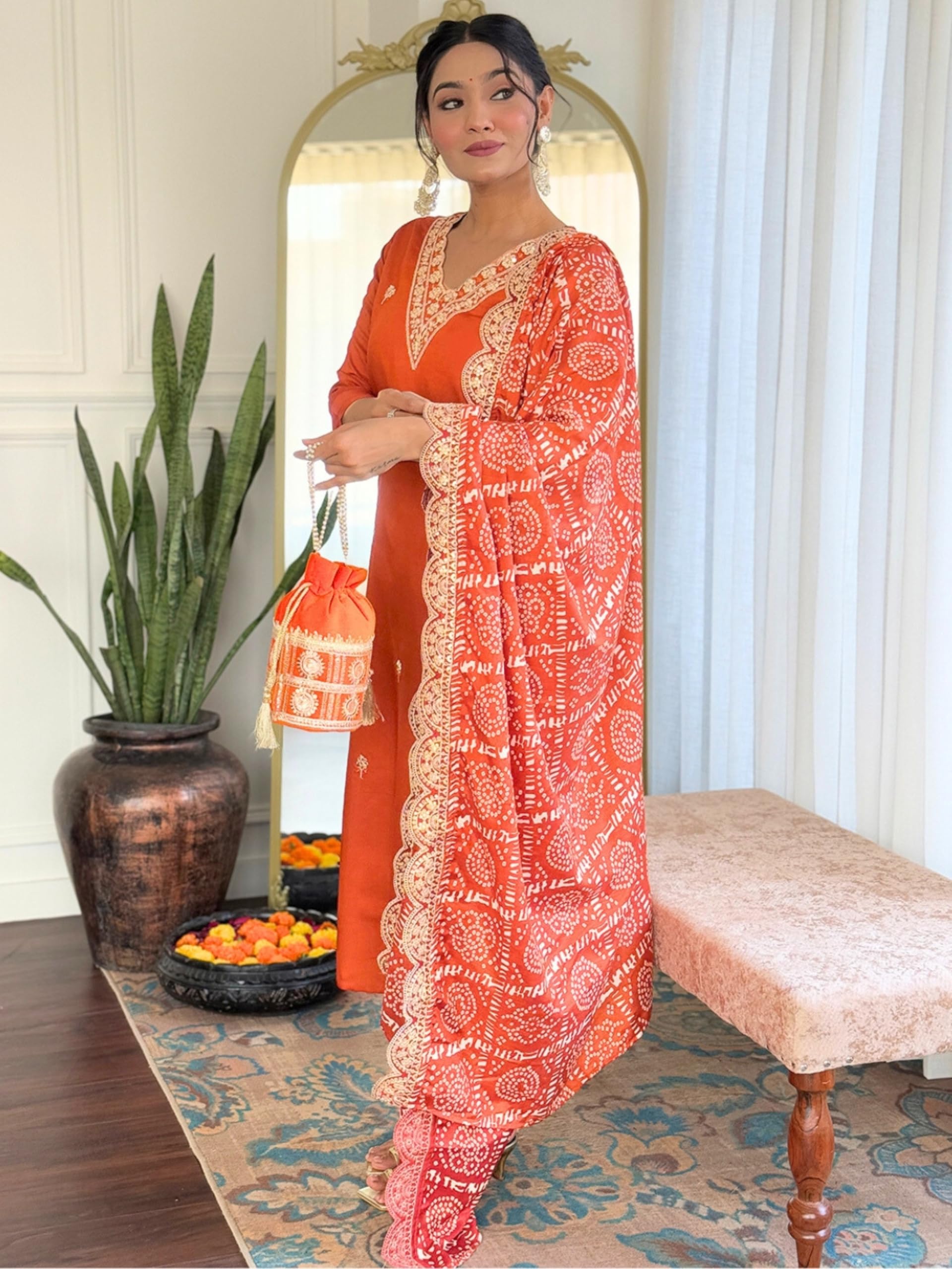 Naixa Women's Orange Embroidered Kurta with Pant - Image 3