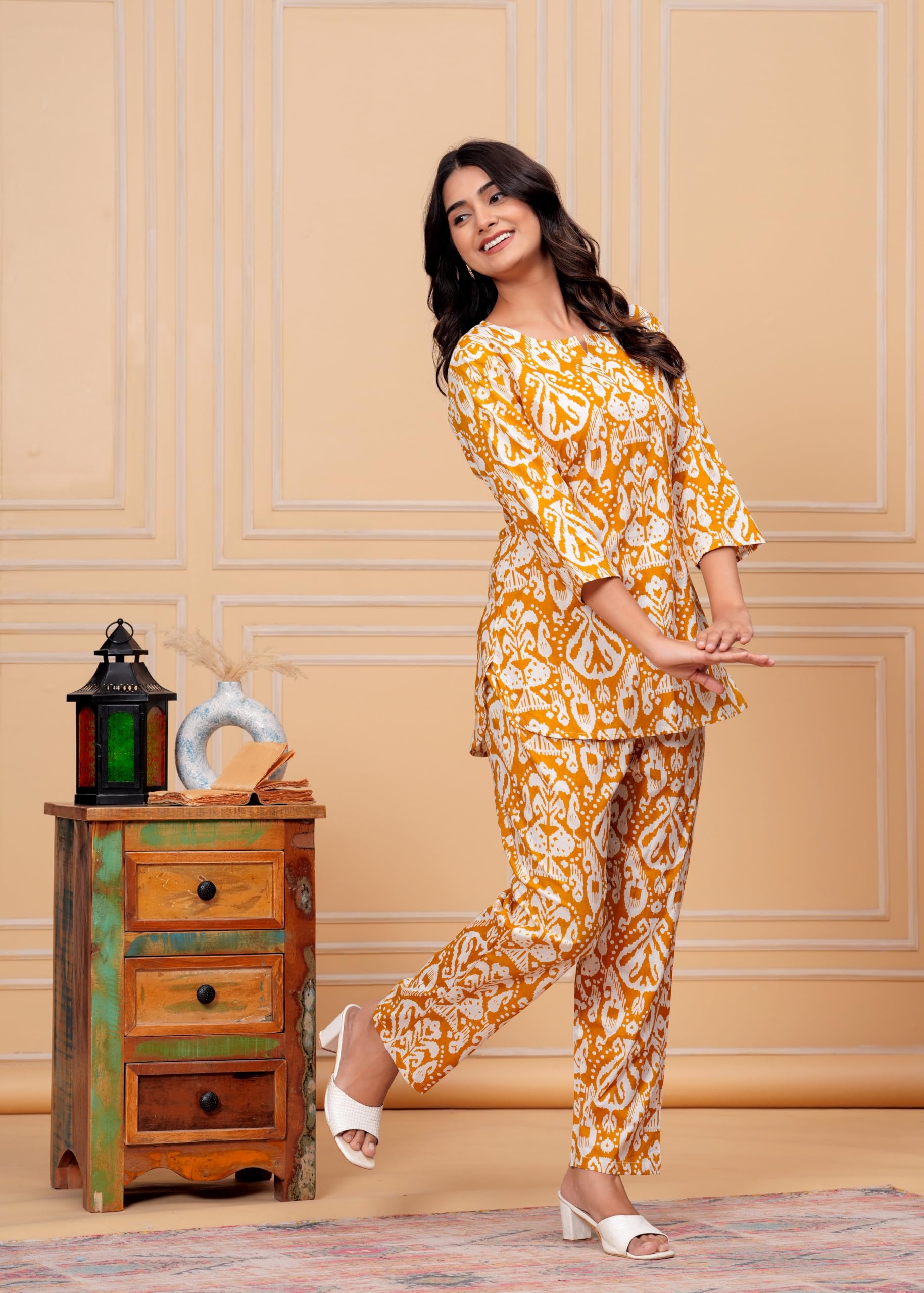 MEERA FAB Yellow Cotton Floral Kurta Palazzo Set for Women - Image 3