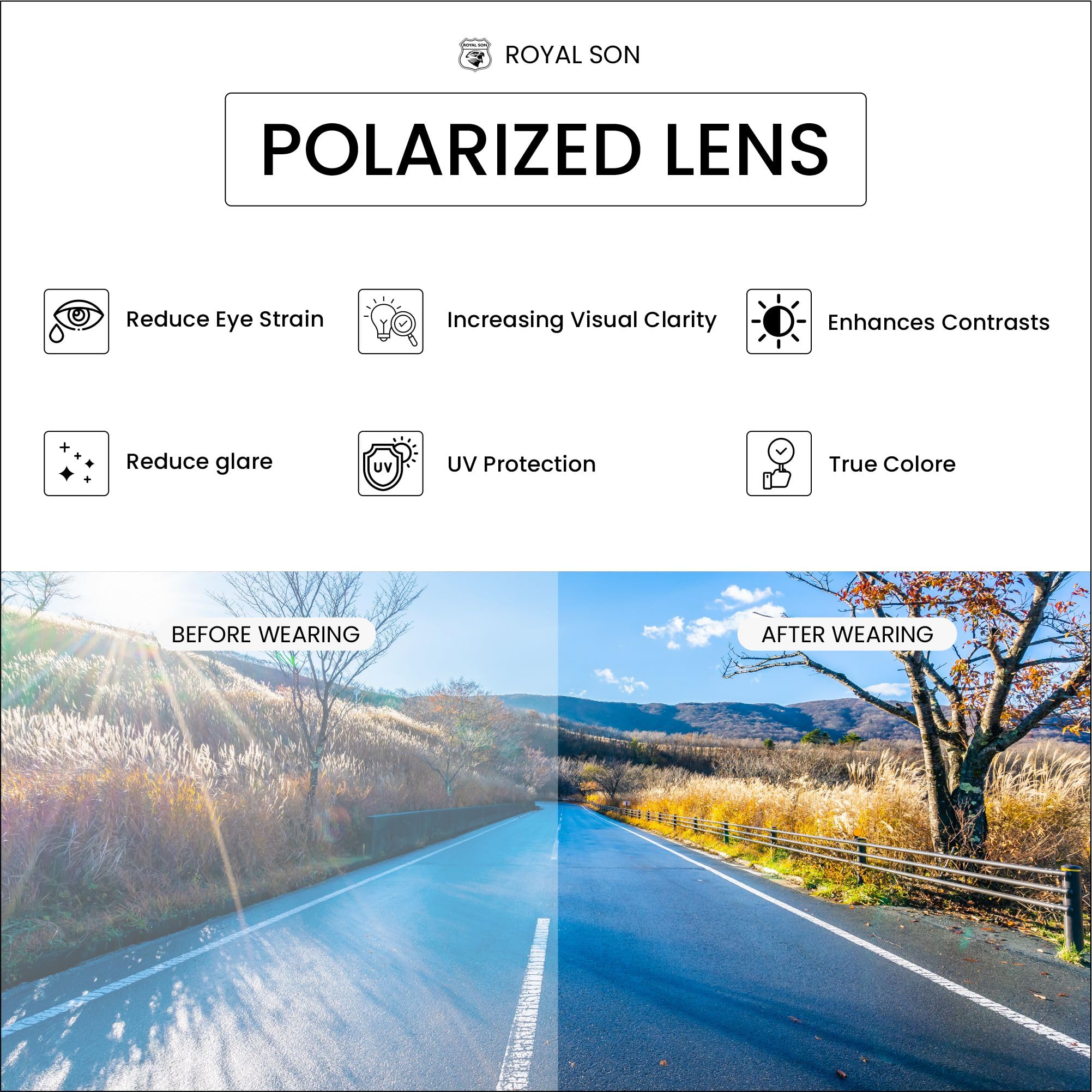 ROYAL SON Men Retro Rectangle Polarized Sunglasses - Golden Frame Black Lens - Image 5