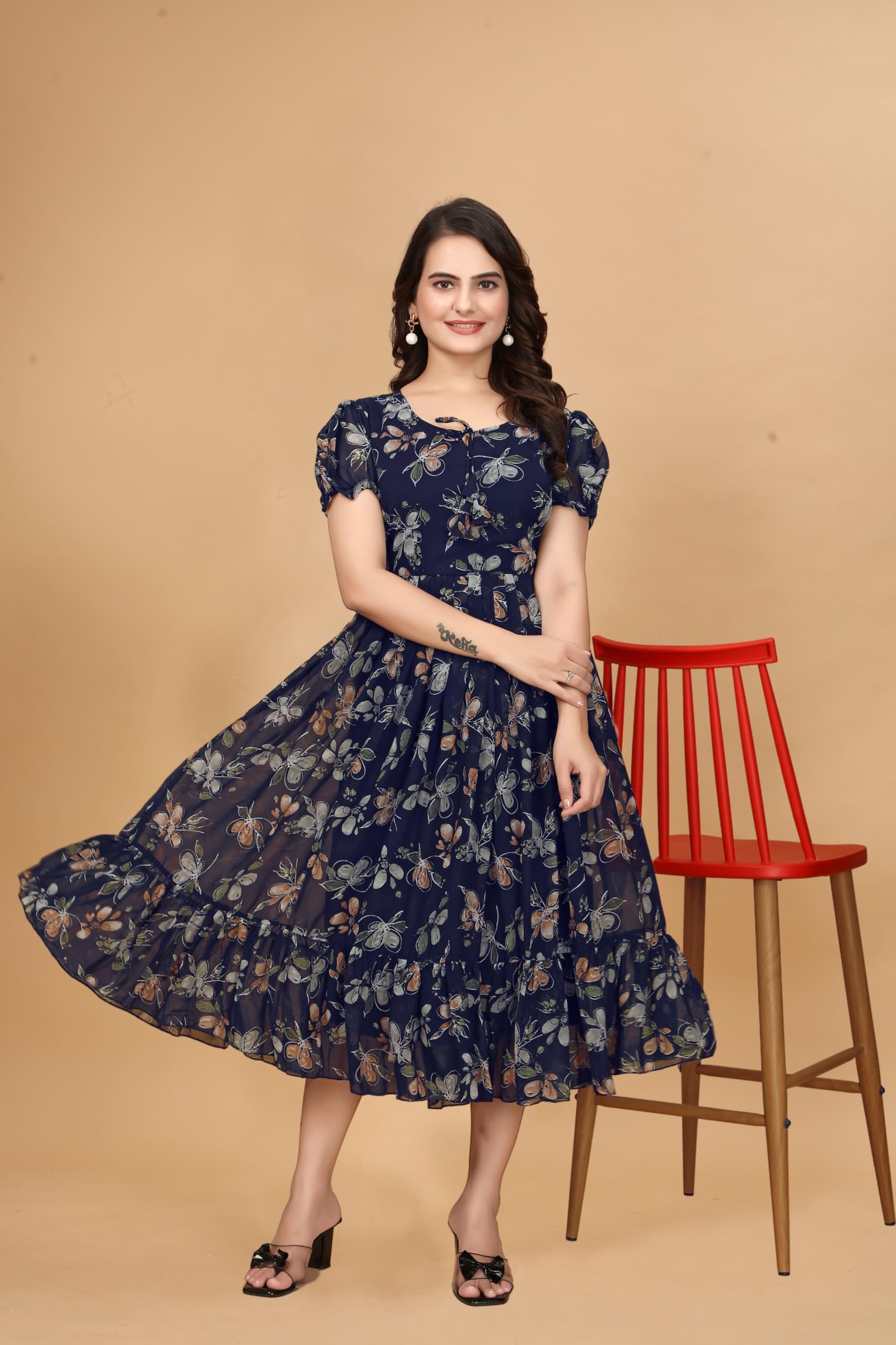 GarbGlide Women's Georgette Floral Maxi Dress - Navy Blue - Image 5