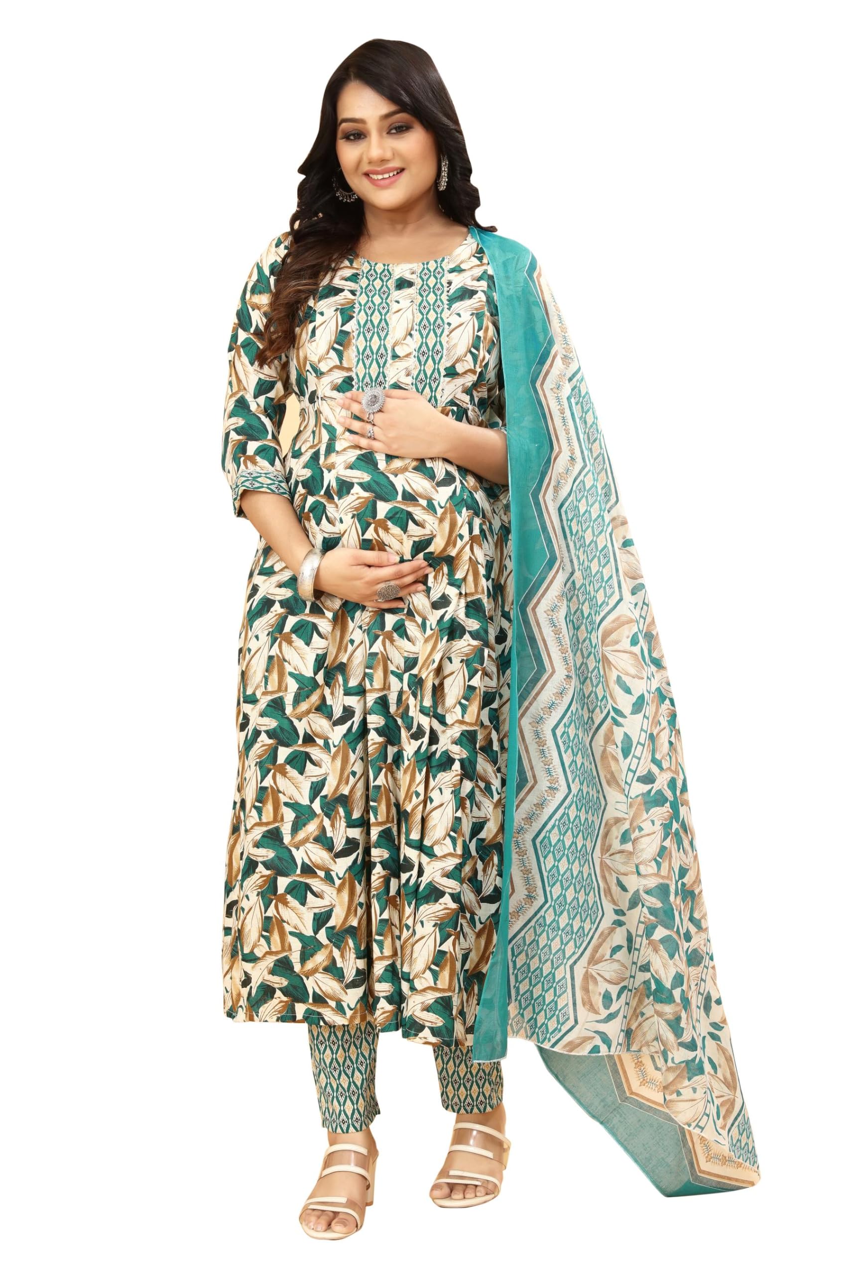 Maternity Nursing Kurta Set with Dupatta - Floral Geometric