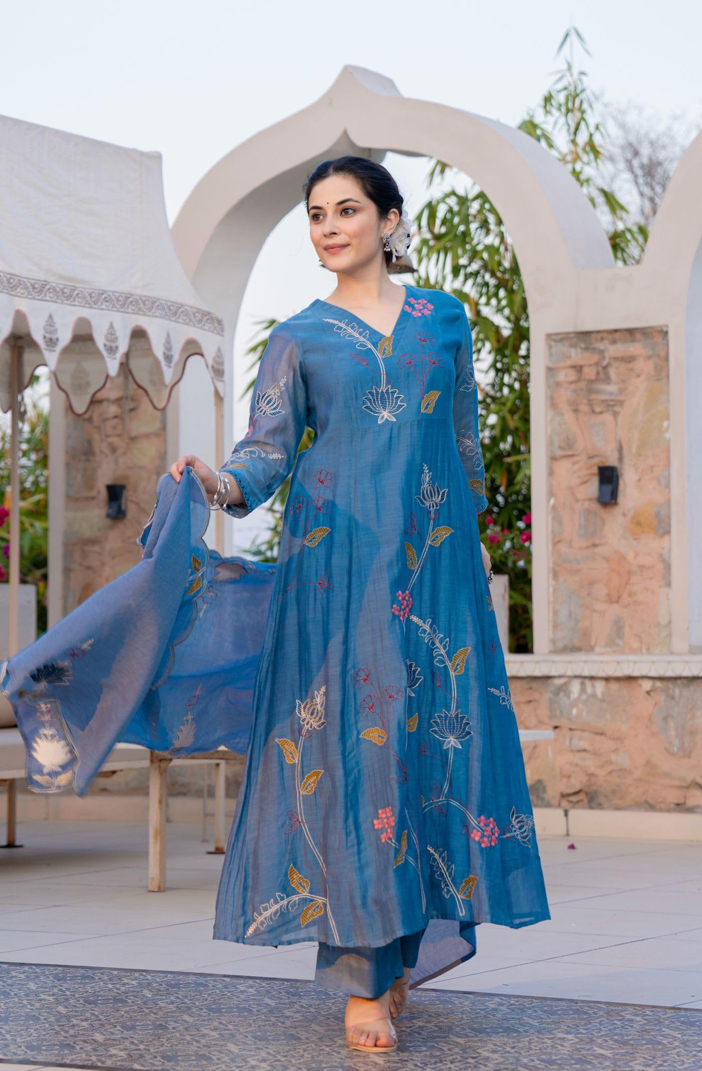 GoSriKi Blue Chanderi Cotton Embroidered Anarkali Kurta Set for Women - Image 3