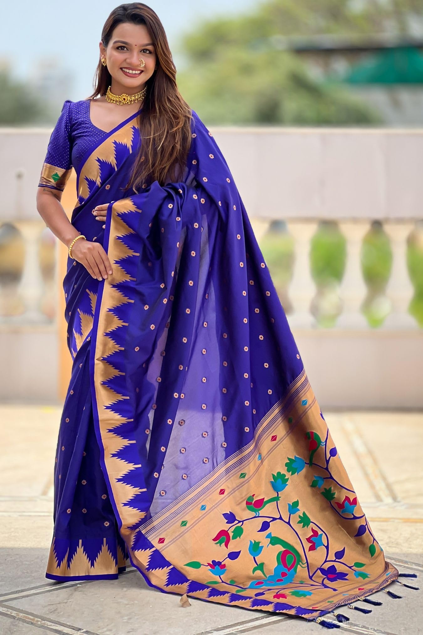 GarbGlide Women Paithani Lichi Silk Saree - Dark Blue - Image 2