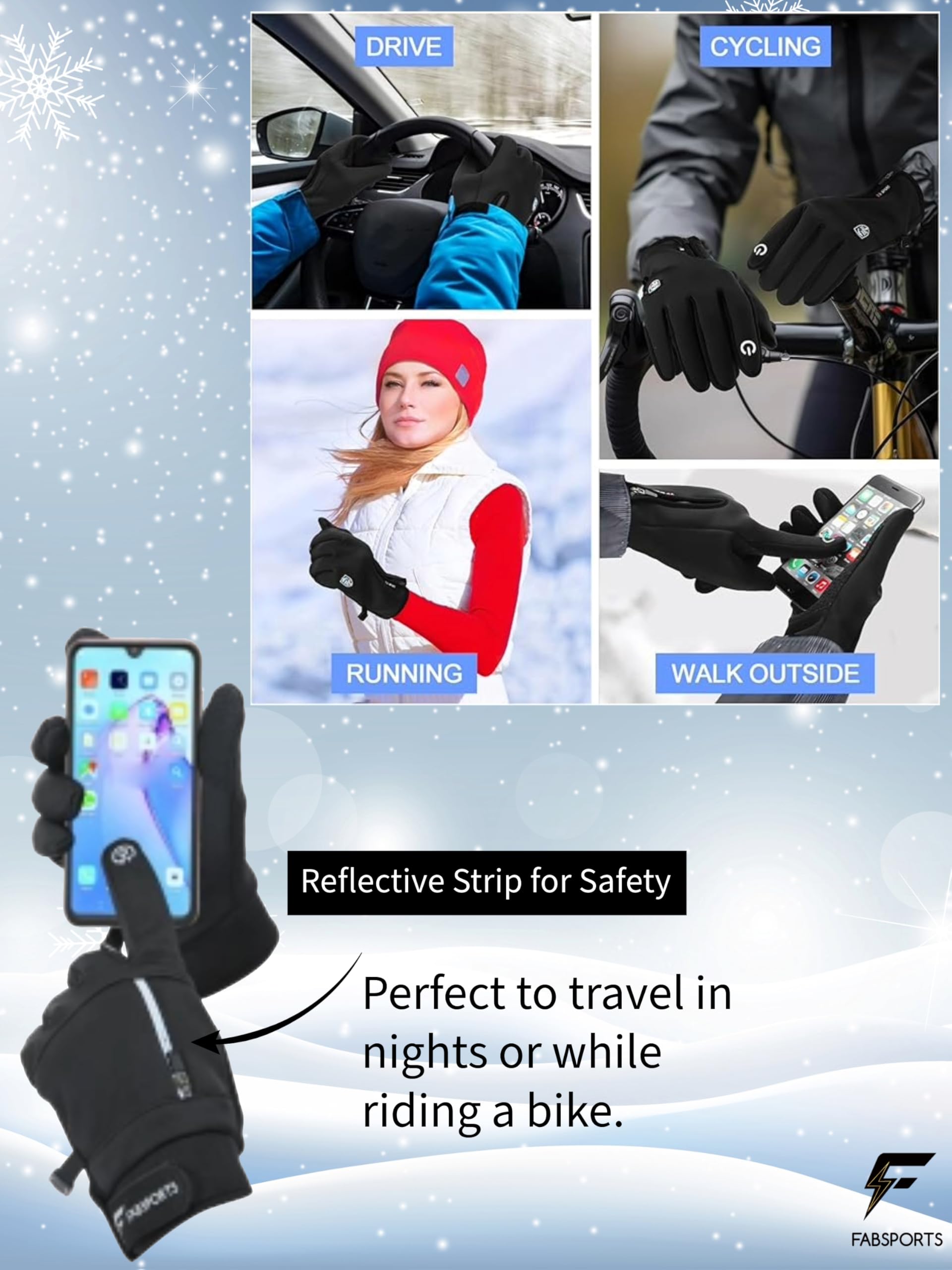 FABSPORTS Touchscreen Winter Gloves for Men & Women - Reflective - Image 2