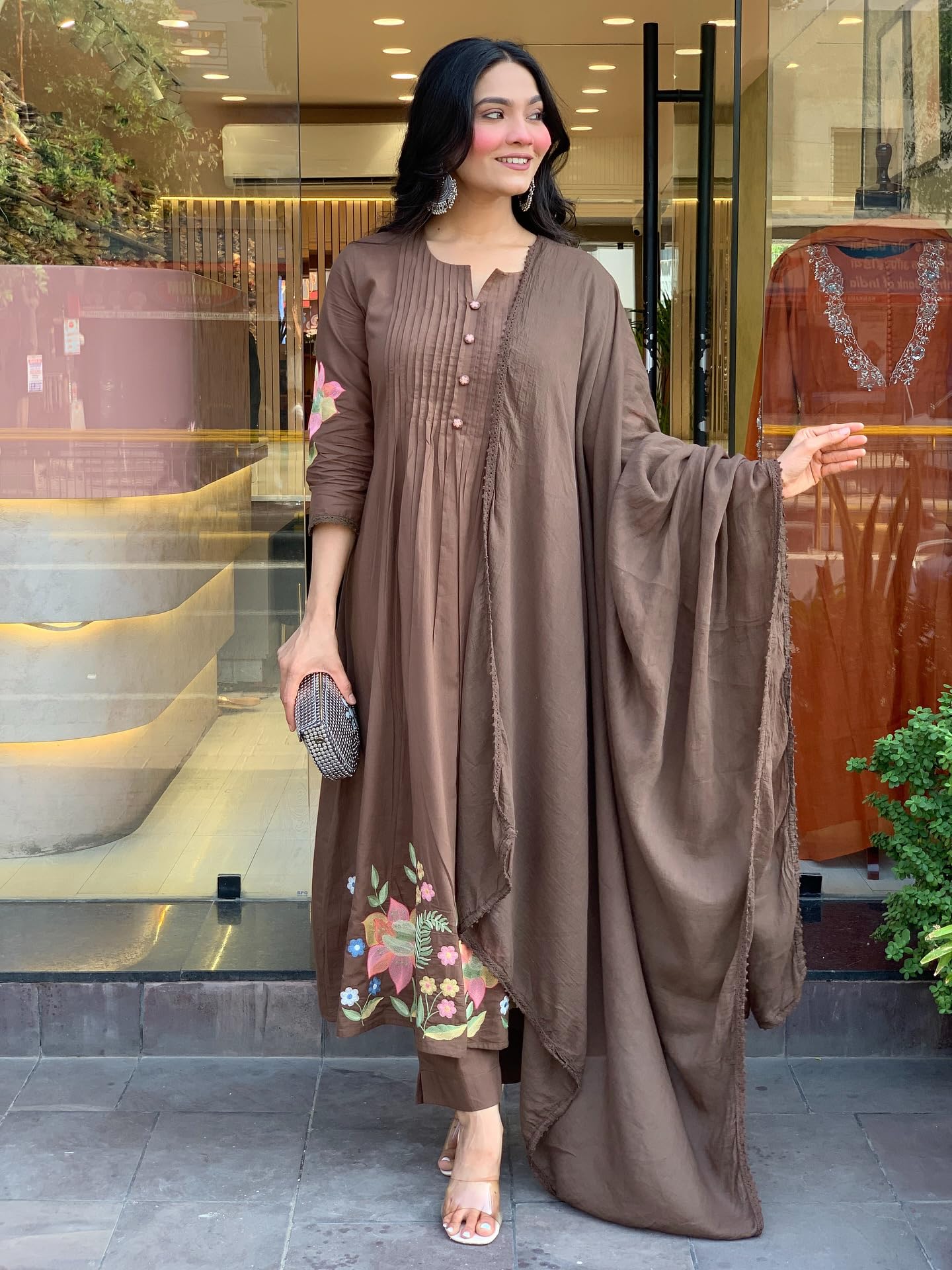 GoSriKi Women's Anarkali Kurta with Pant and Dupatta - Brown - Image 2