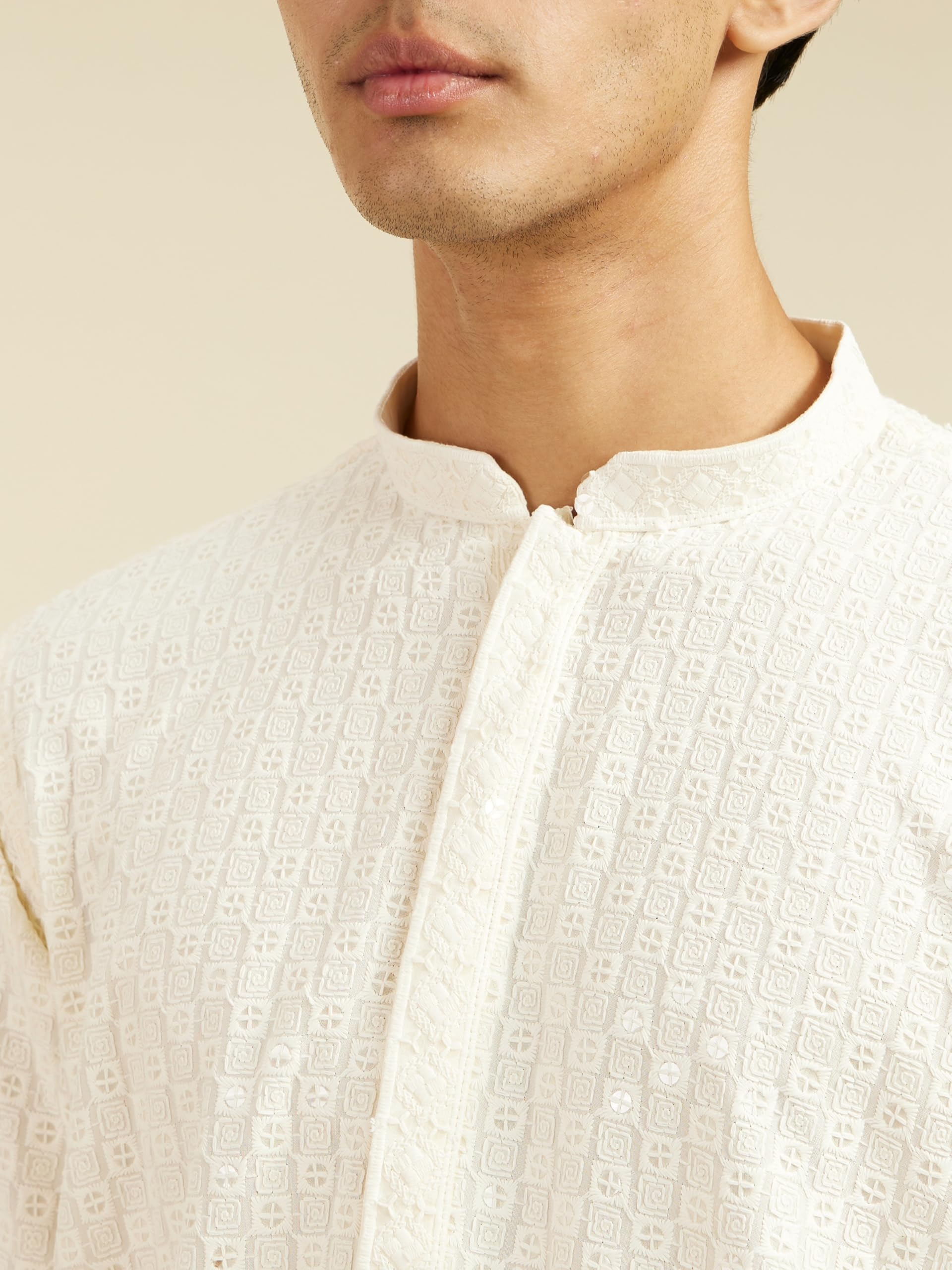 DIWAS Men's Cream Kurta with Chikankari & Sequin - Image 3