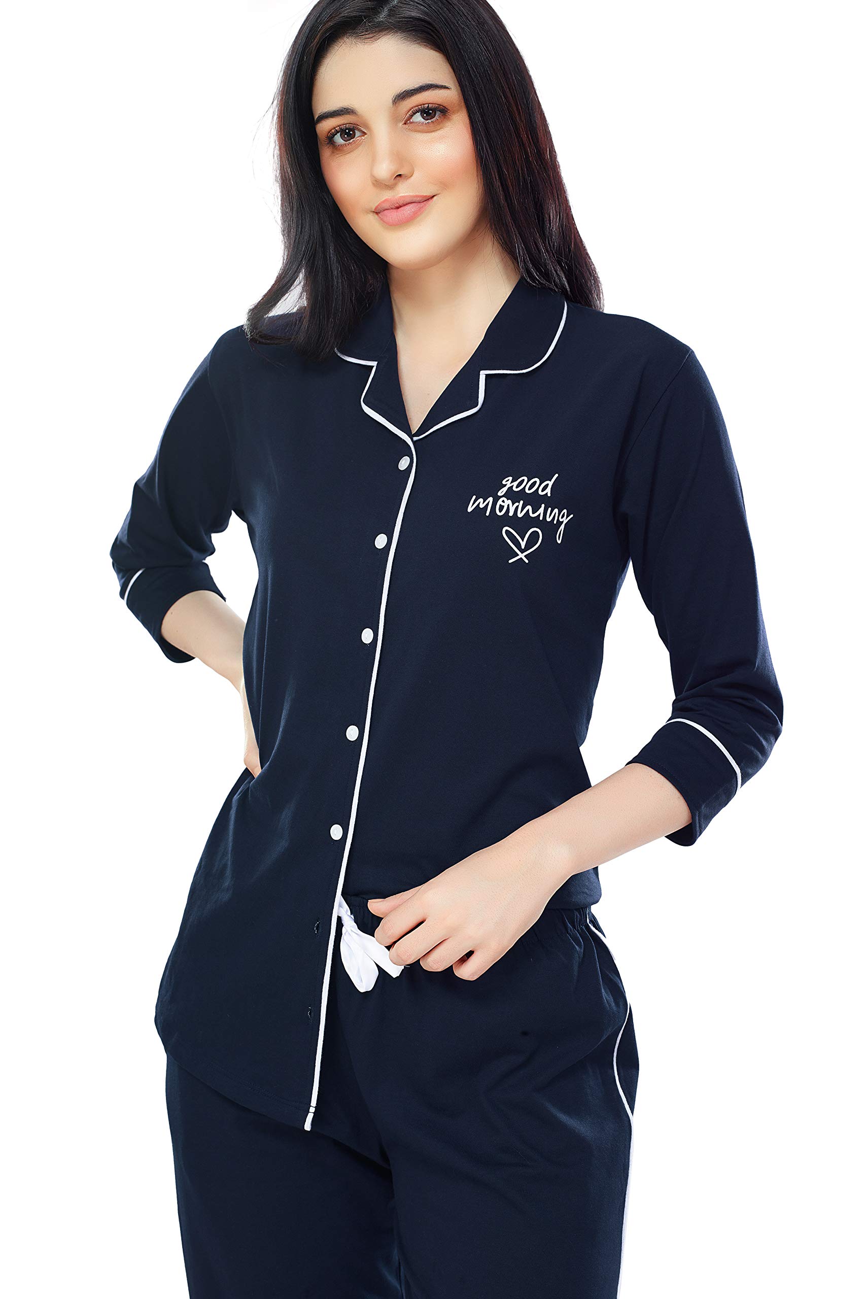 Navy Blue Cotton Night Suit Set for Women - Image 2