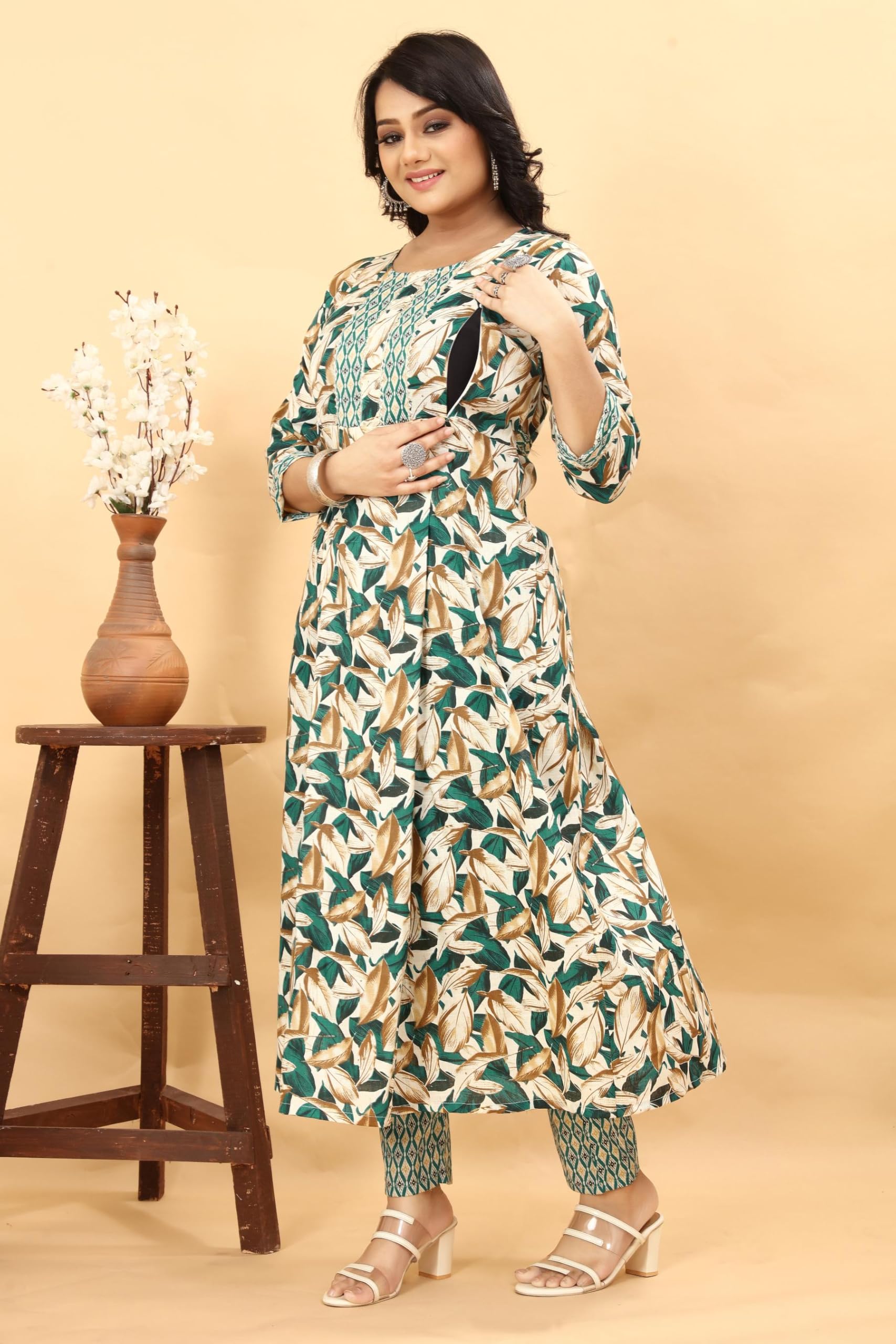 Maternity Nursing Kurta Set with Dupatta - Floral Geometric - Image 4