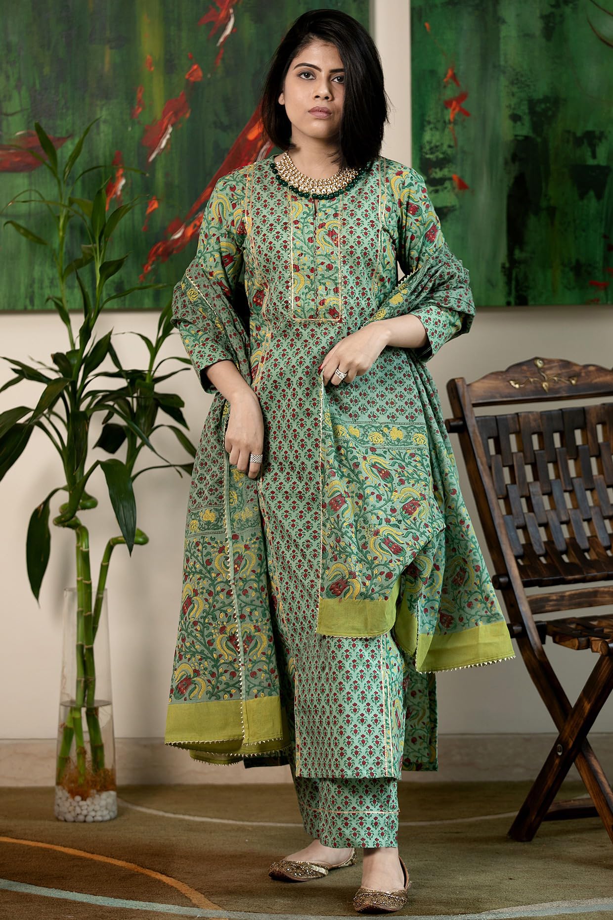 GoSriKi Women's Rayon Blend Kurta with Pant & Dupatta - Green - Image 5