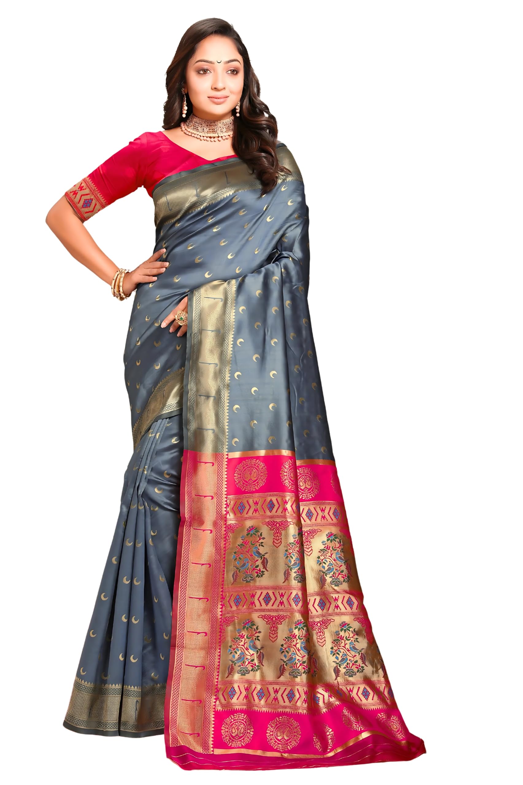 C J Enterprise Women's Banarasi Saree - Grey-Pink