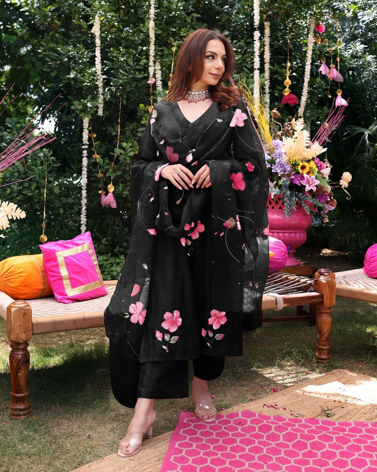 ANNI DESIGNER Black Rayon Blend Floral Kurta Set - Image 4