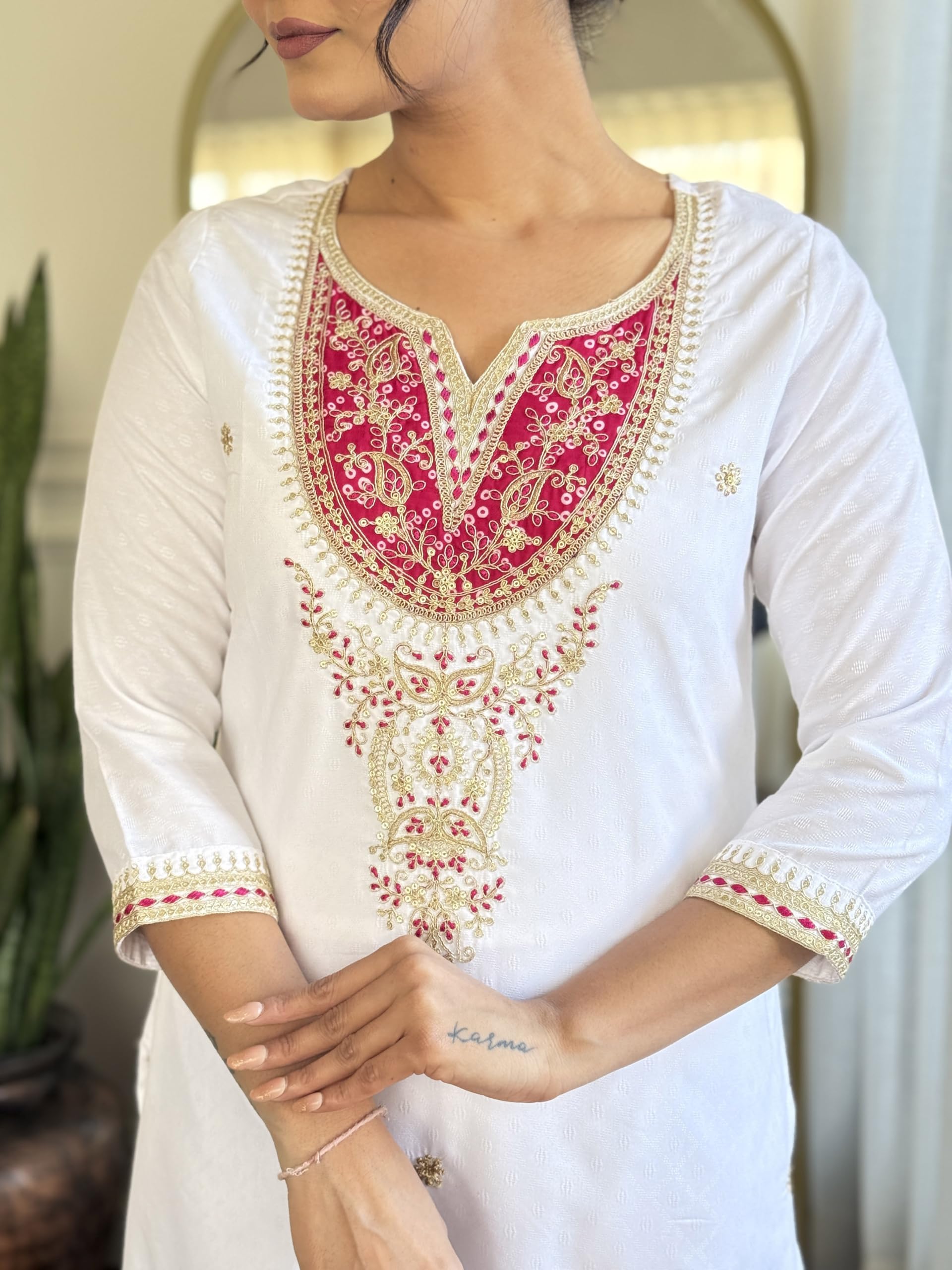 Naixa Women's White Embroidered Kurta with Pant - Image 5