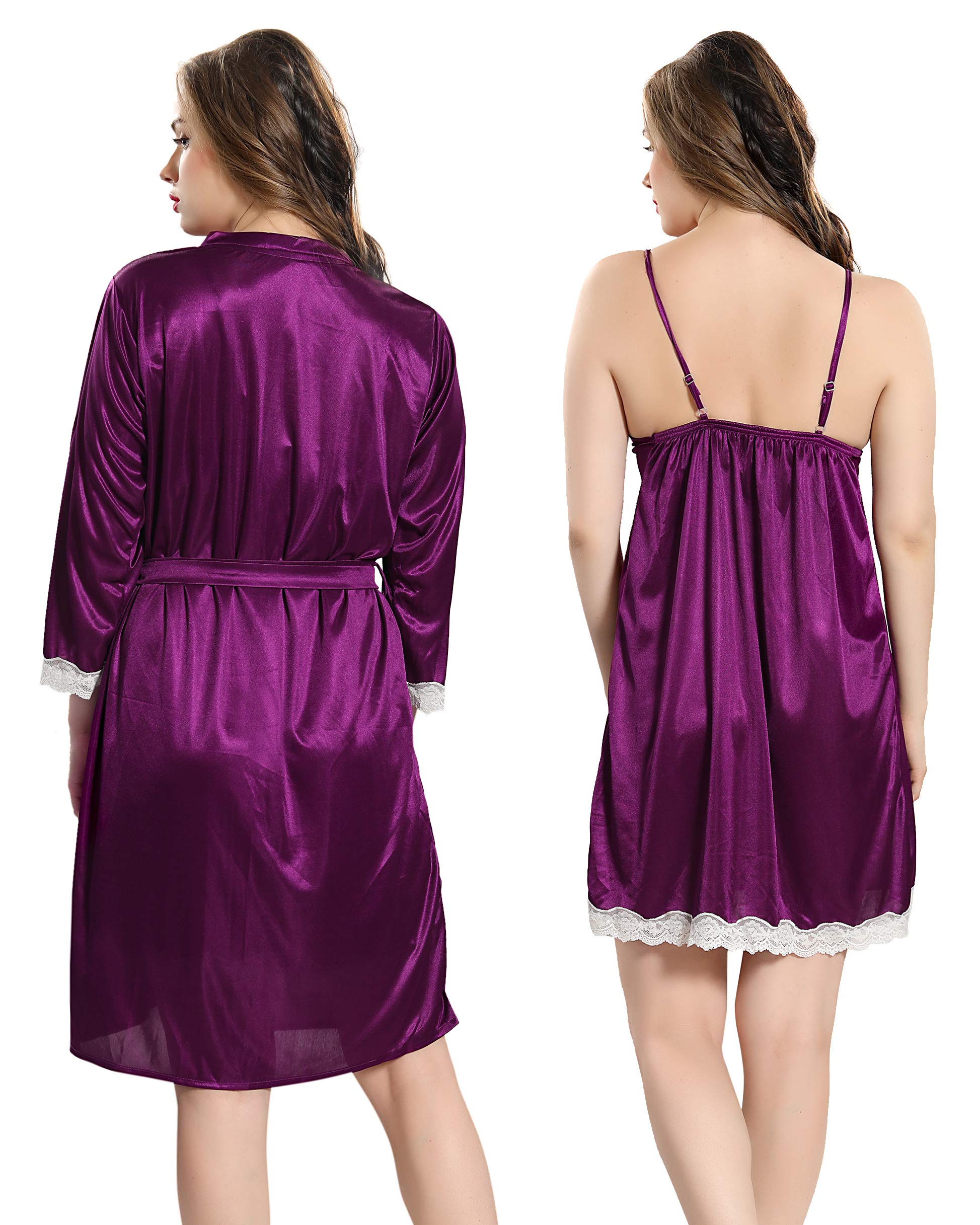 AV2 Wine Satin Knee-Length Nighty with Lace Robe for Women - Image 2