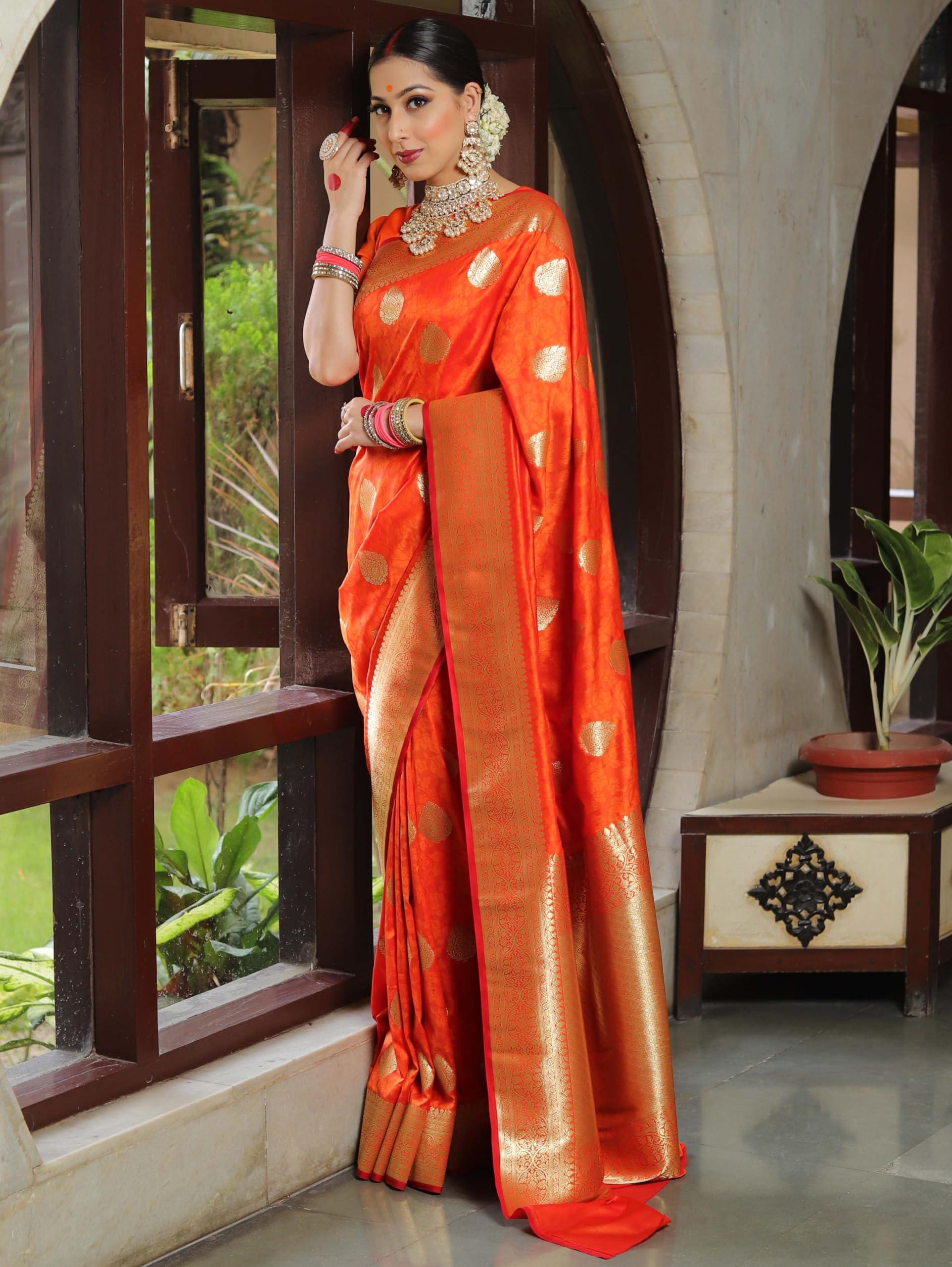 Sugathari Kanjivaram Silk Saree - Orange Gold Zari Borders - Image 3