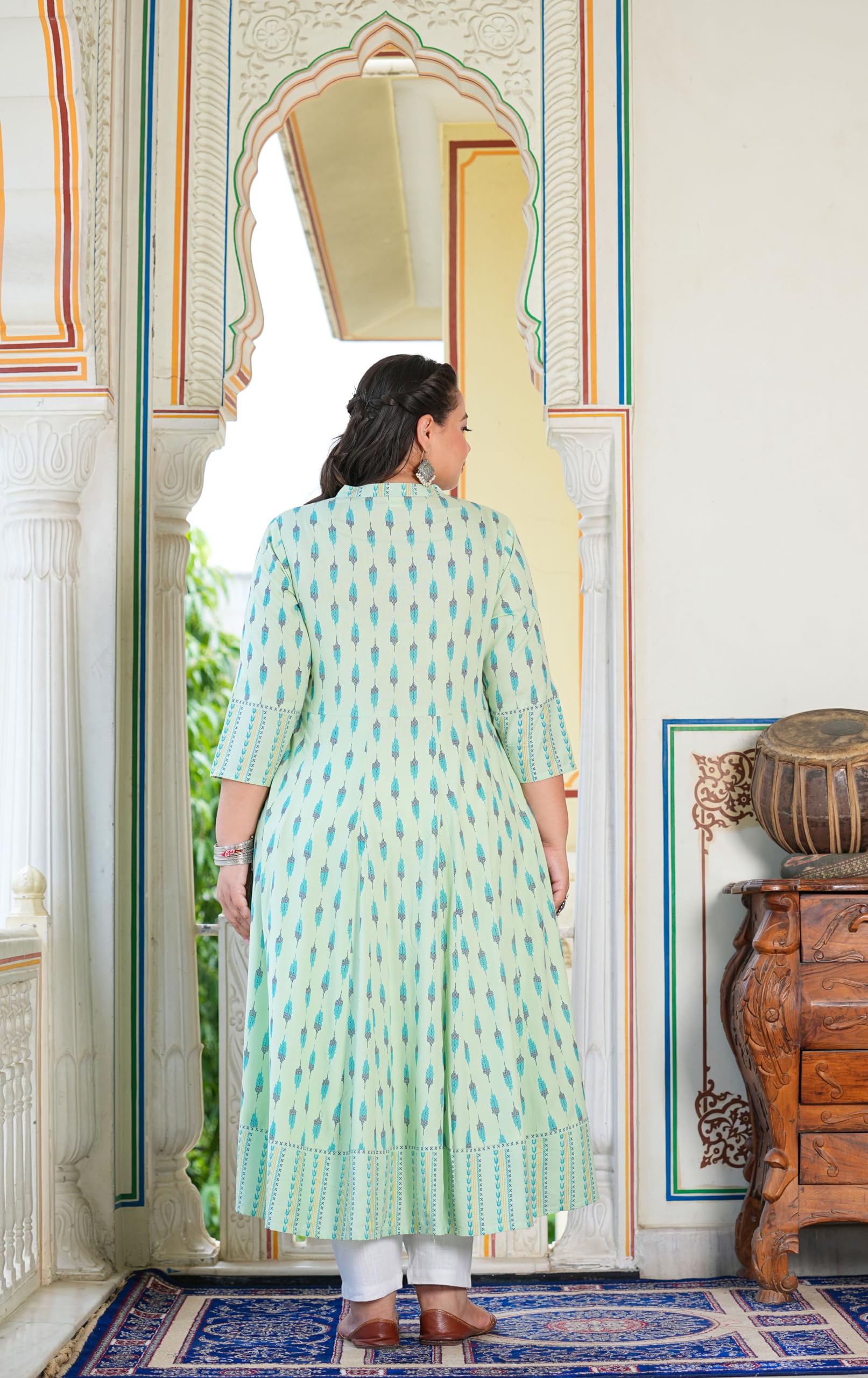 Yash Fashion Women's Rayon Ikat Printed Anarkali Kurta - Green - Image 4