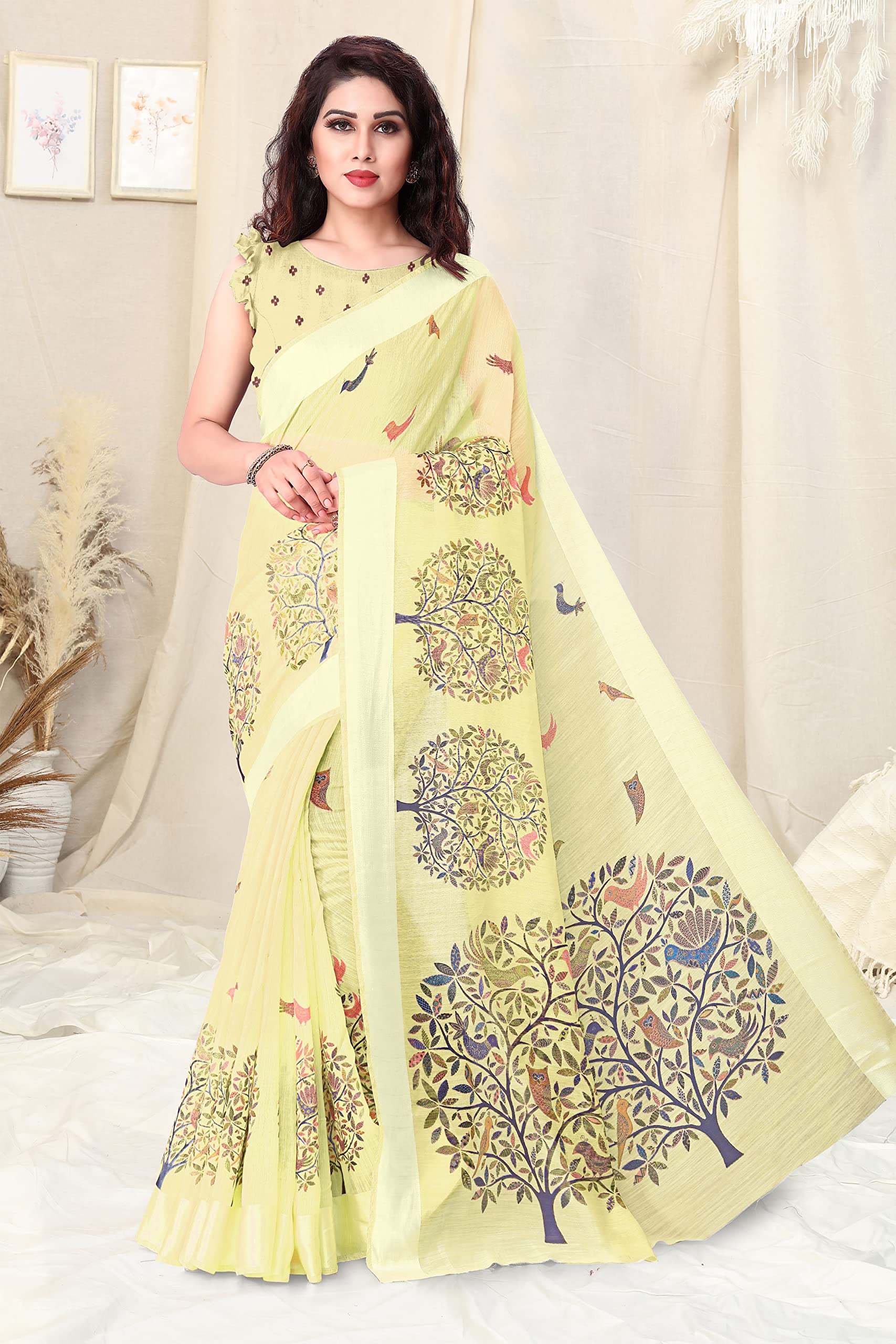 MIRCHI FASHION Women Madhubani Printed Saree - Yellow - Image 4