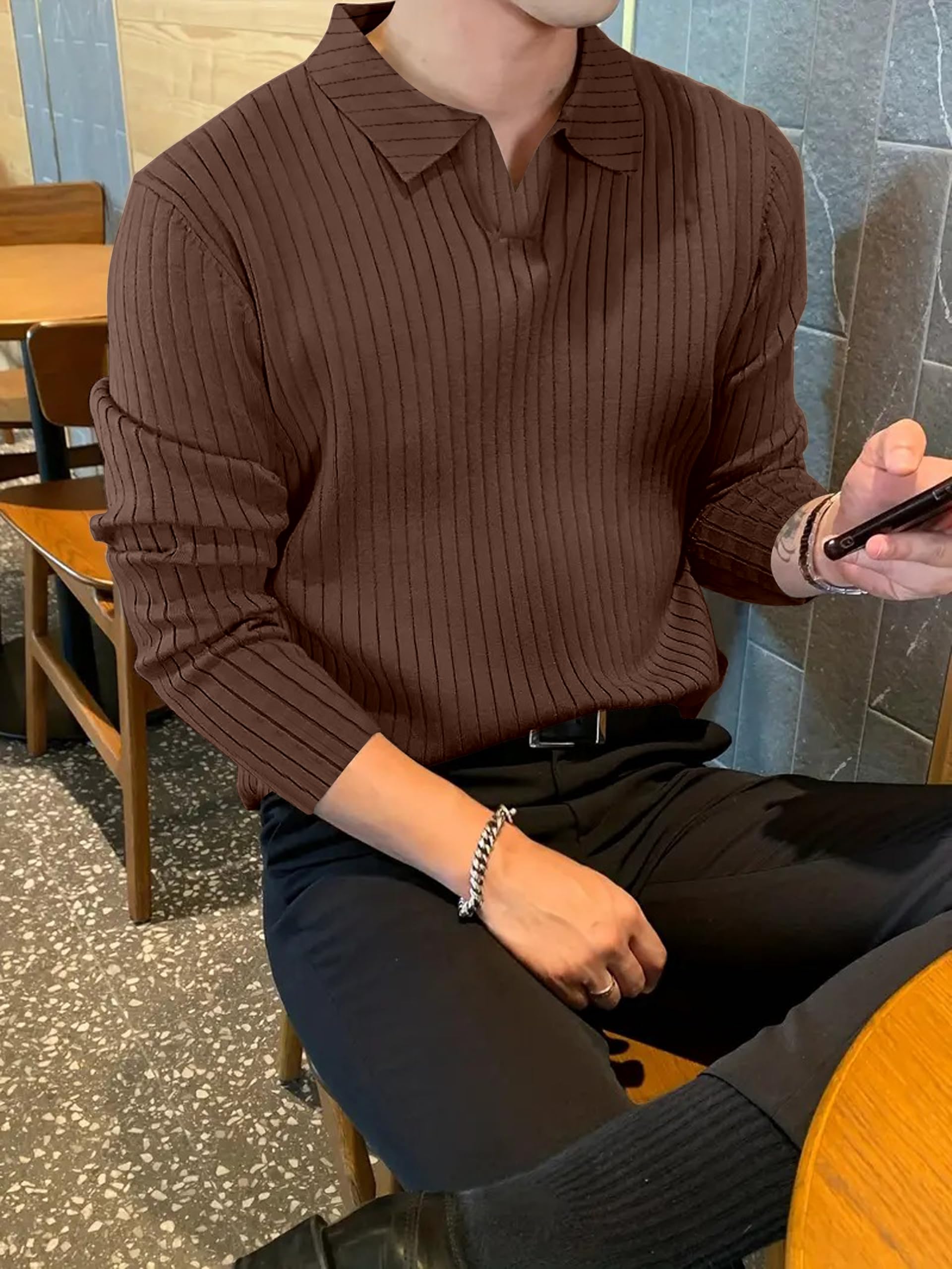 KAJARU Men's Coffee Ribbed Knit Polo T-Shirt - Image 5