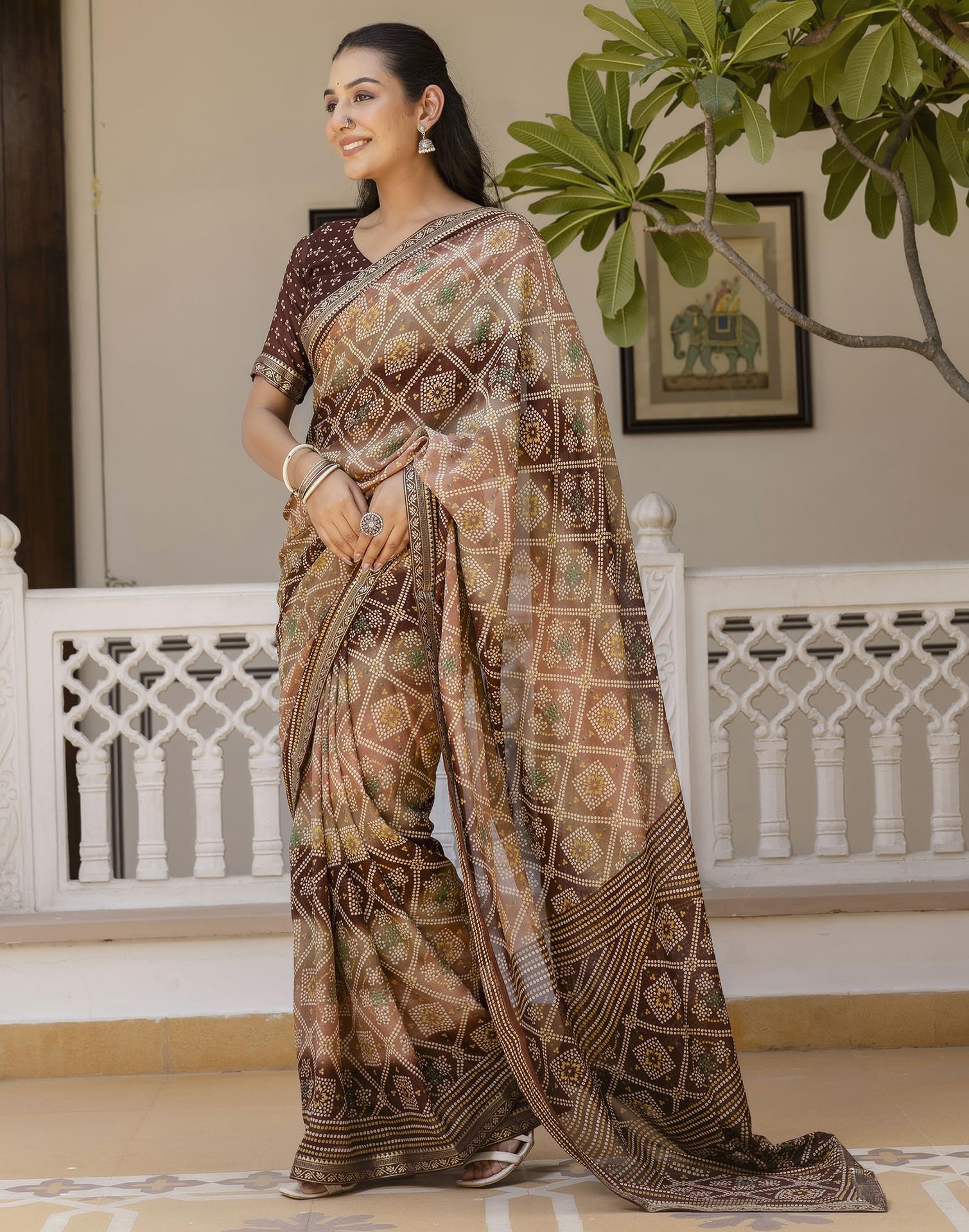 SIRIL Women's Georgette Bandhani Printed Saree - Brown - Image 2