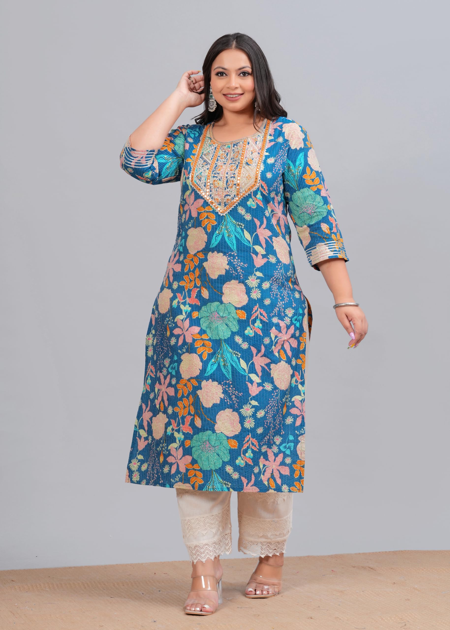 LABULY Women Kantha Work Kurta - Blue - Image 4