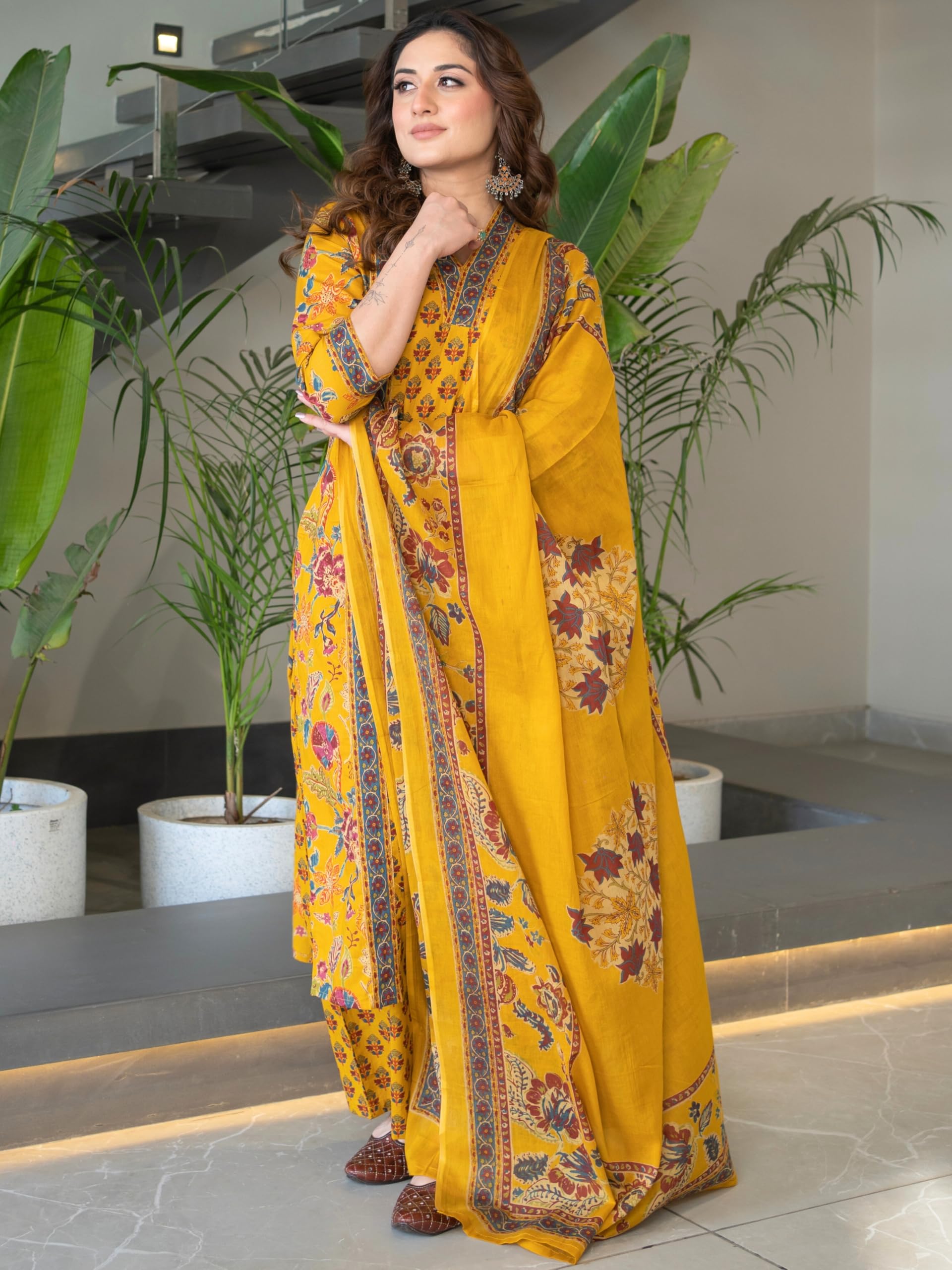 Arayna Women Kurta Set with Palazzo & Dupatta - Mustard - Image 4