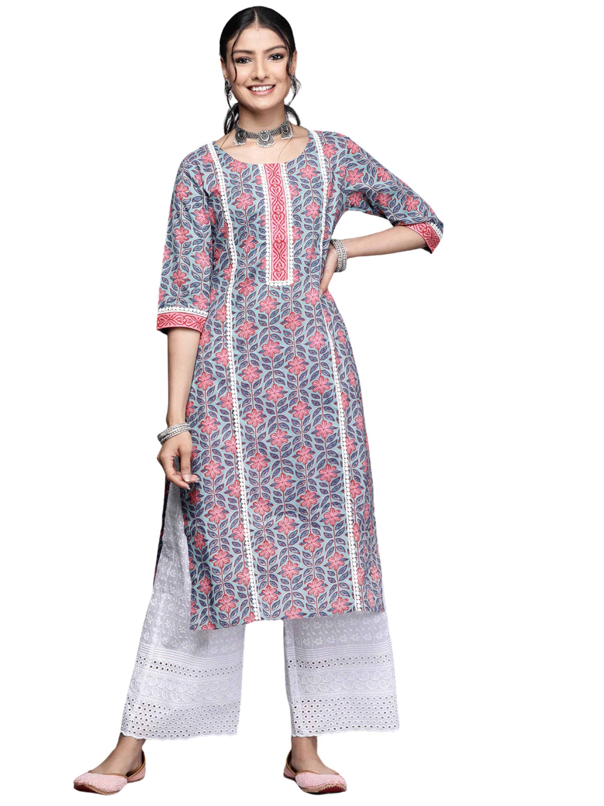 rytras Women's Cotton Printed Kurta - Blue