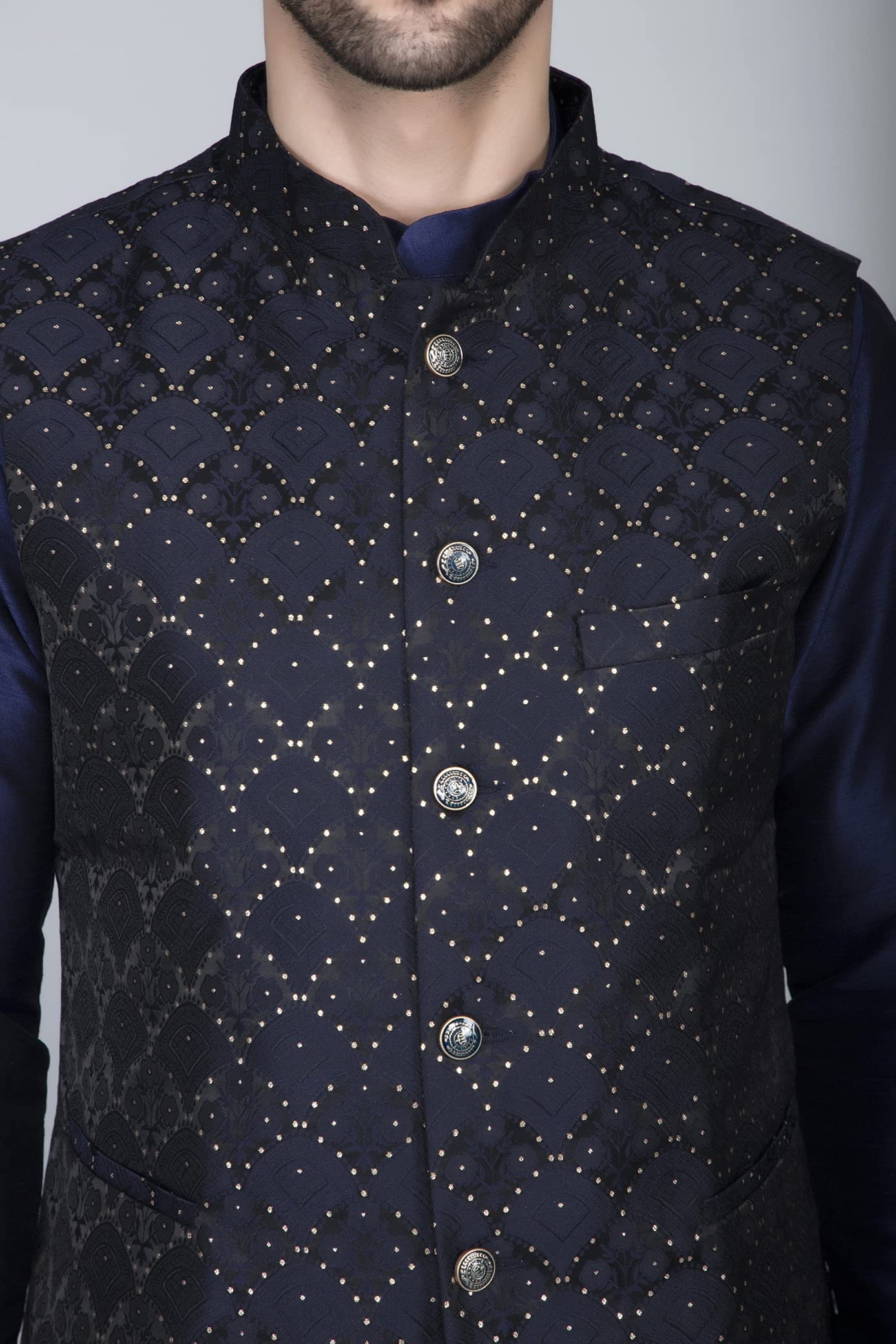 Ethluxis Men Silk Blend Kurta Pyjama Set - Navy - Image 5