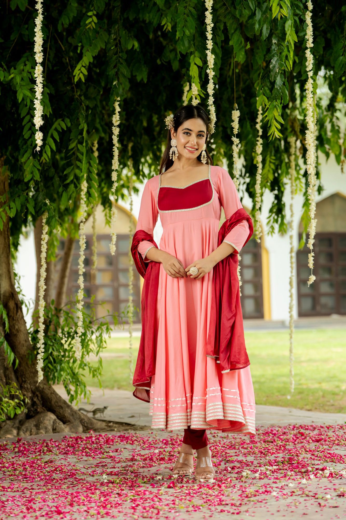 GoSriKi Women's Anarkali Kurta with Pant & Dupatta - Peach - Image 3