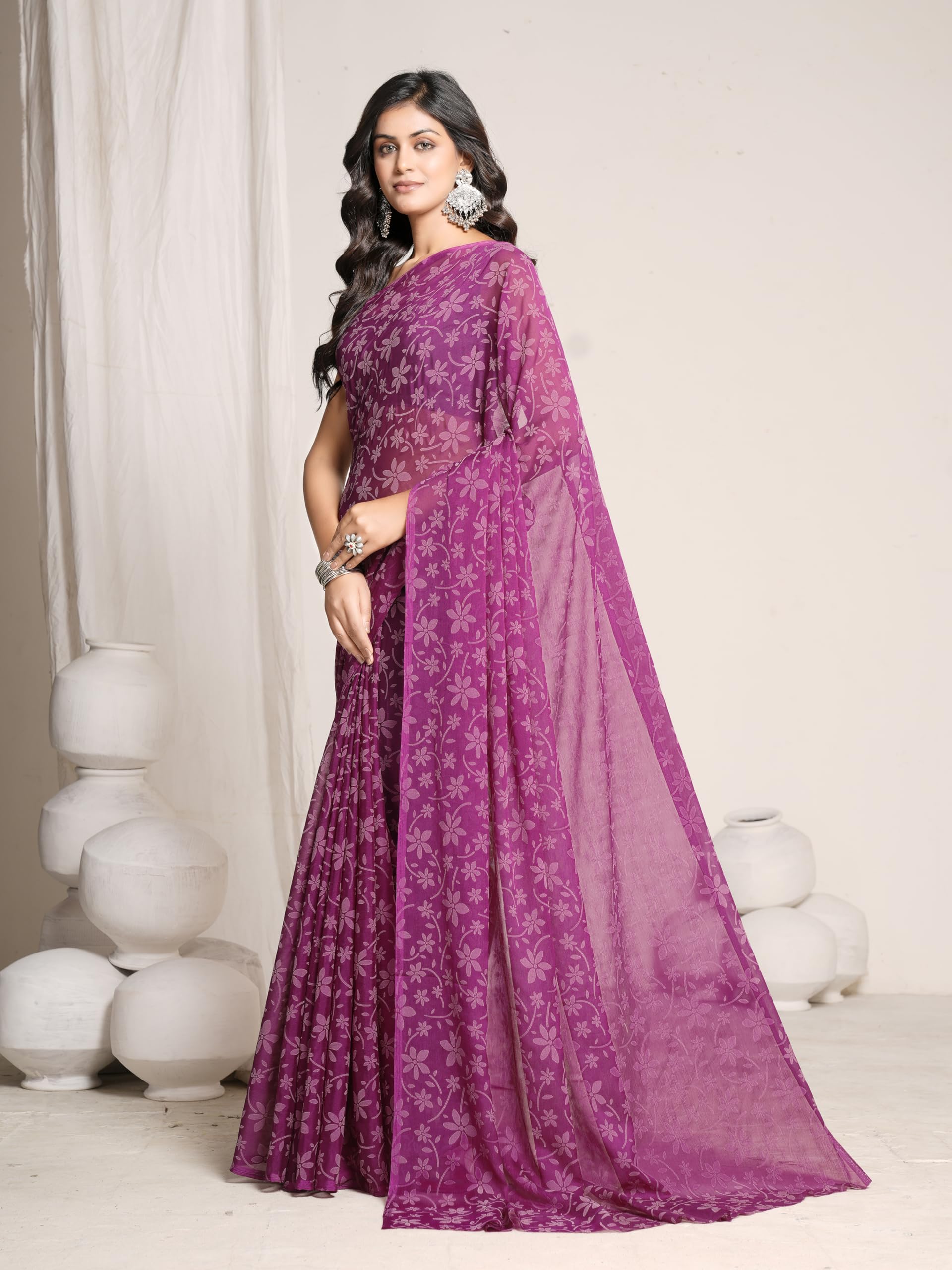 Garden Vareli Chiffon Viscose Floral Saree - Magenta - Image 2