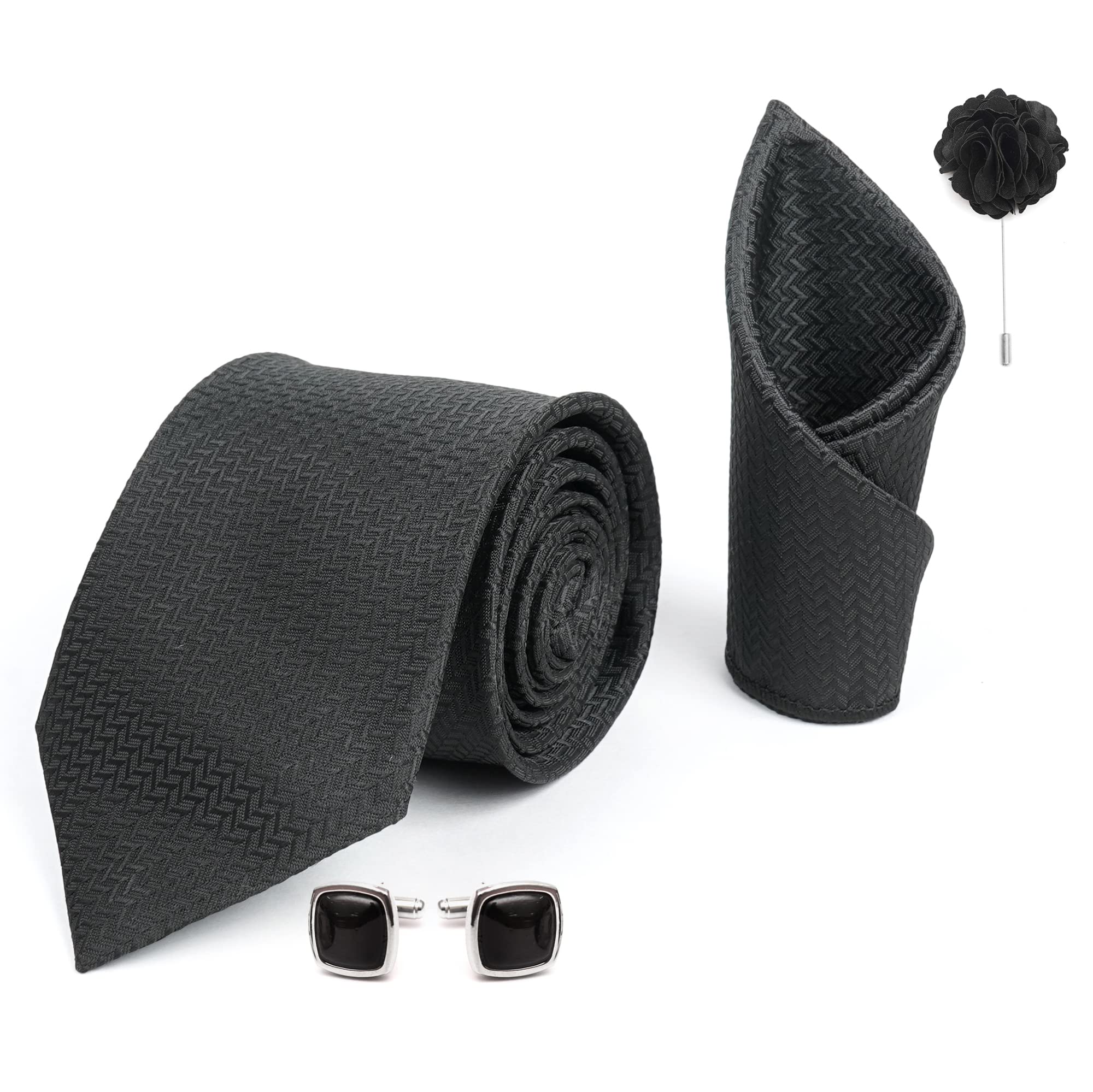 RIZORO Black Plaid Necktie Set for Men