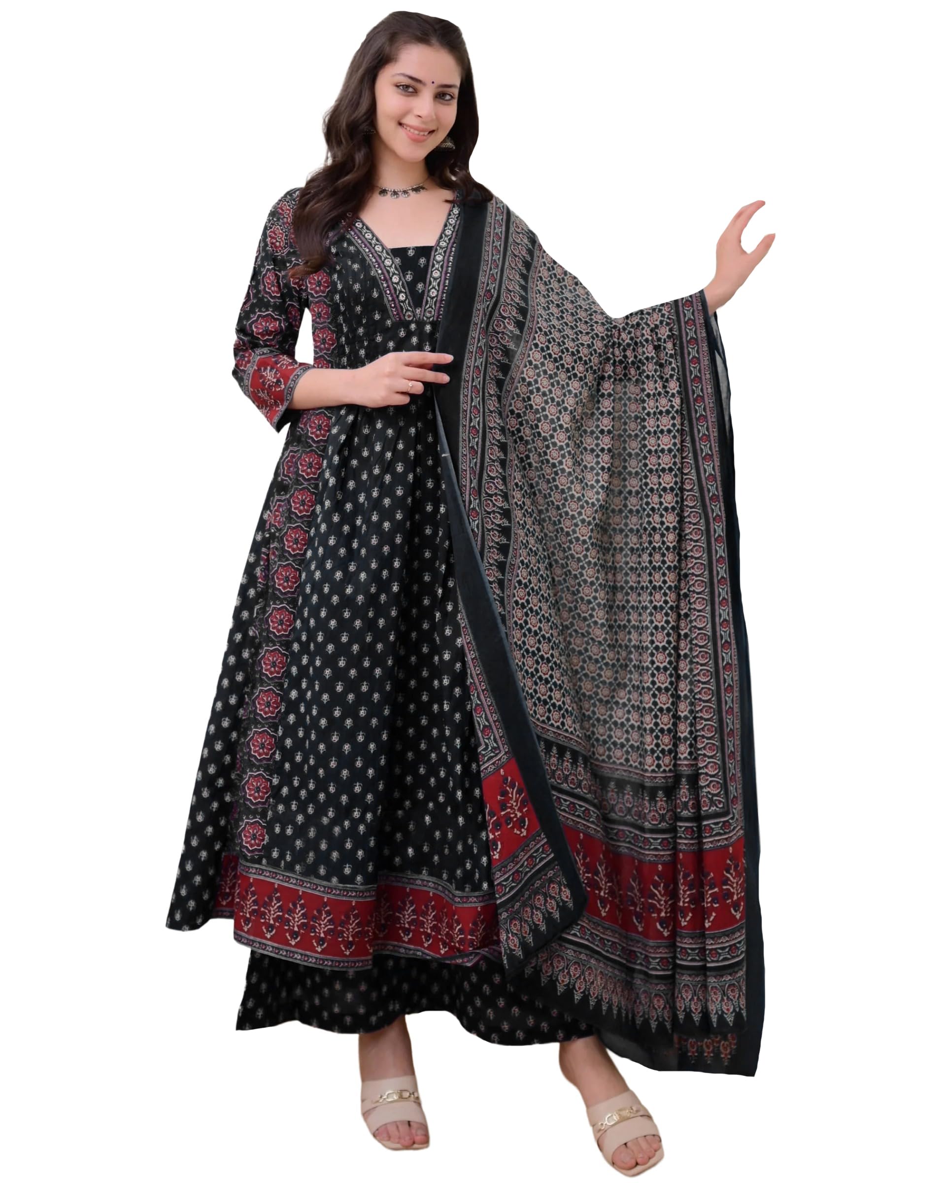 ANNI DESIGNER Ajrakh Printed Anarkali Kurta Set for Women - Black