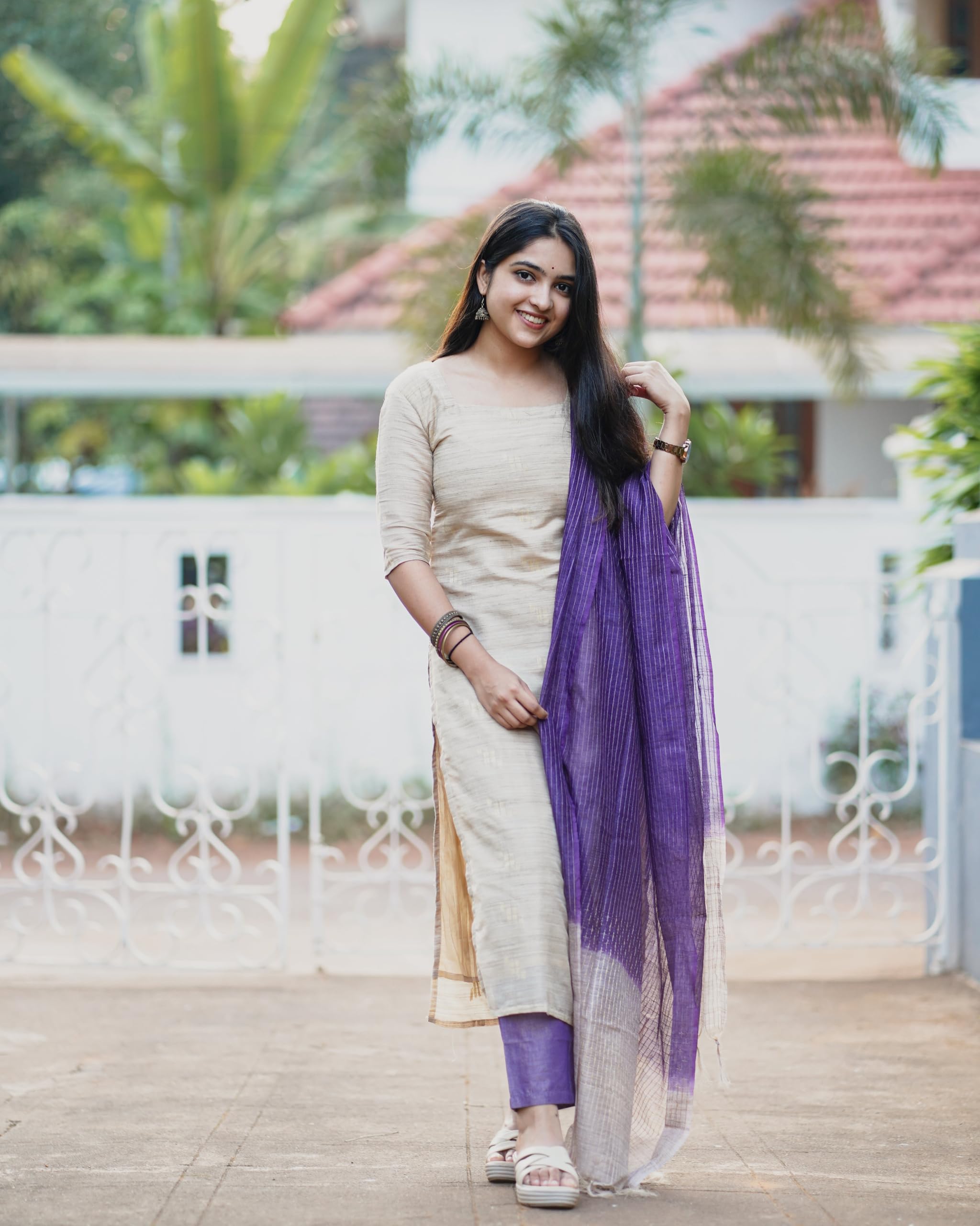 GoSriKi Chanderi Cotton Kurta Set for Women - Beige - Image 4