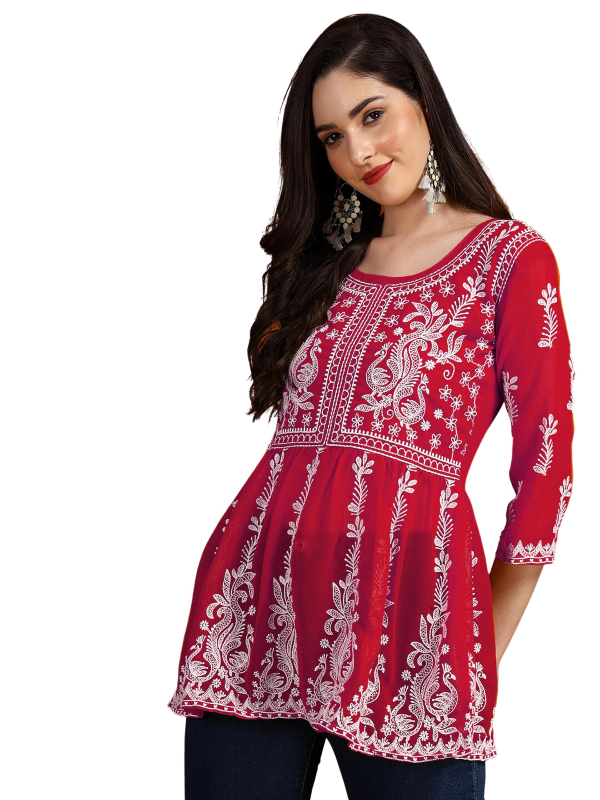 Cherry Georgette Kurti for Women - Chikan Embroidery
