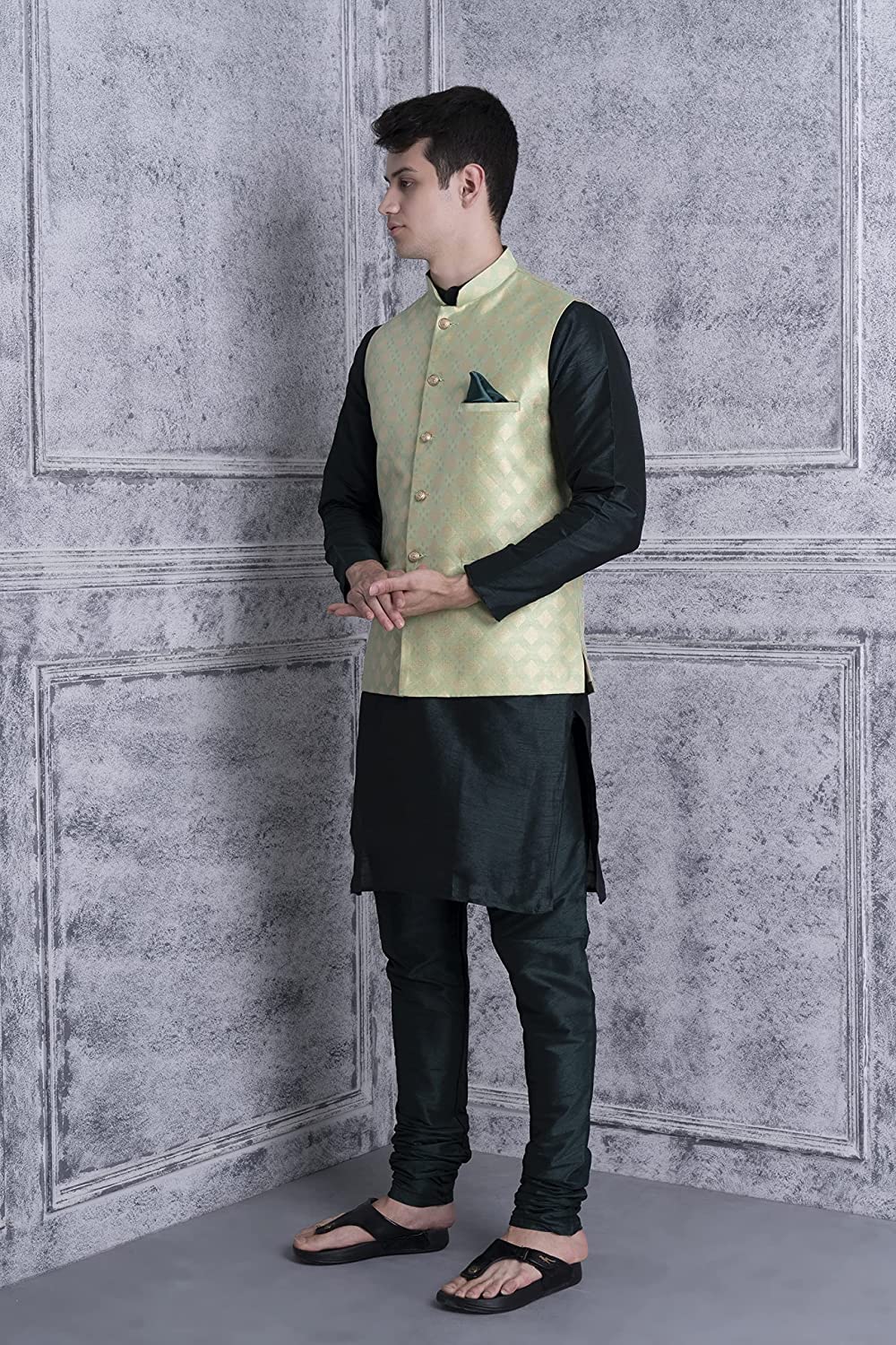 Uri Men Silk Blend Kurta Pajama with Nehru Jacket - Image 3