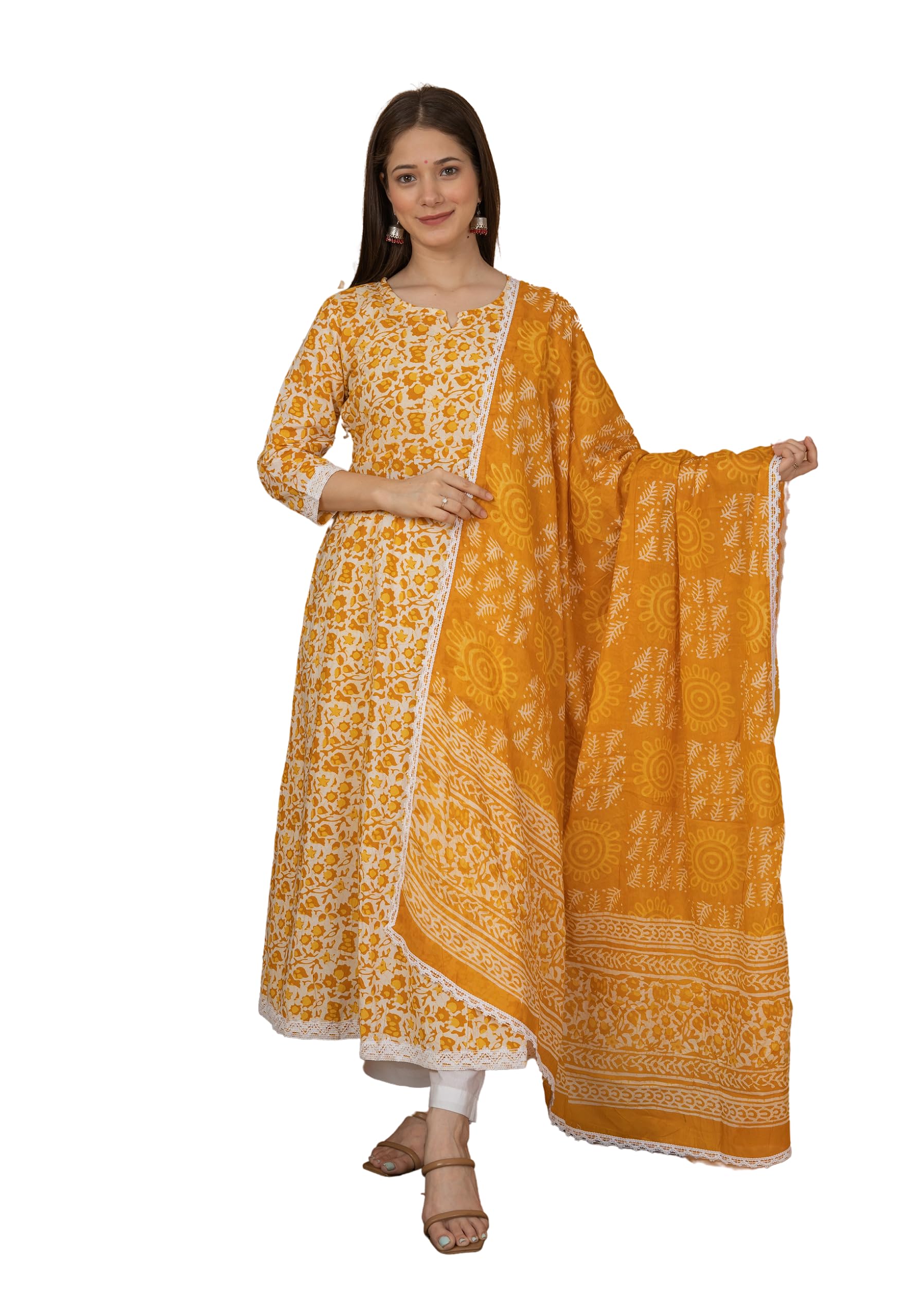 Yellow Cotton Anarkali Kurta Set for Women