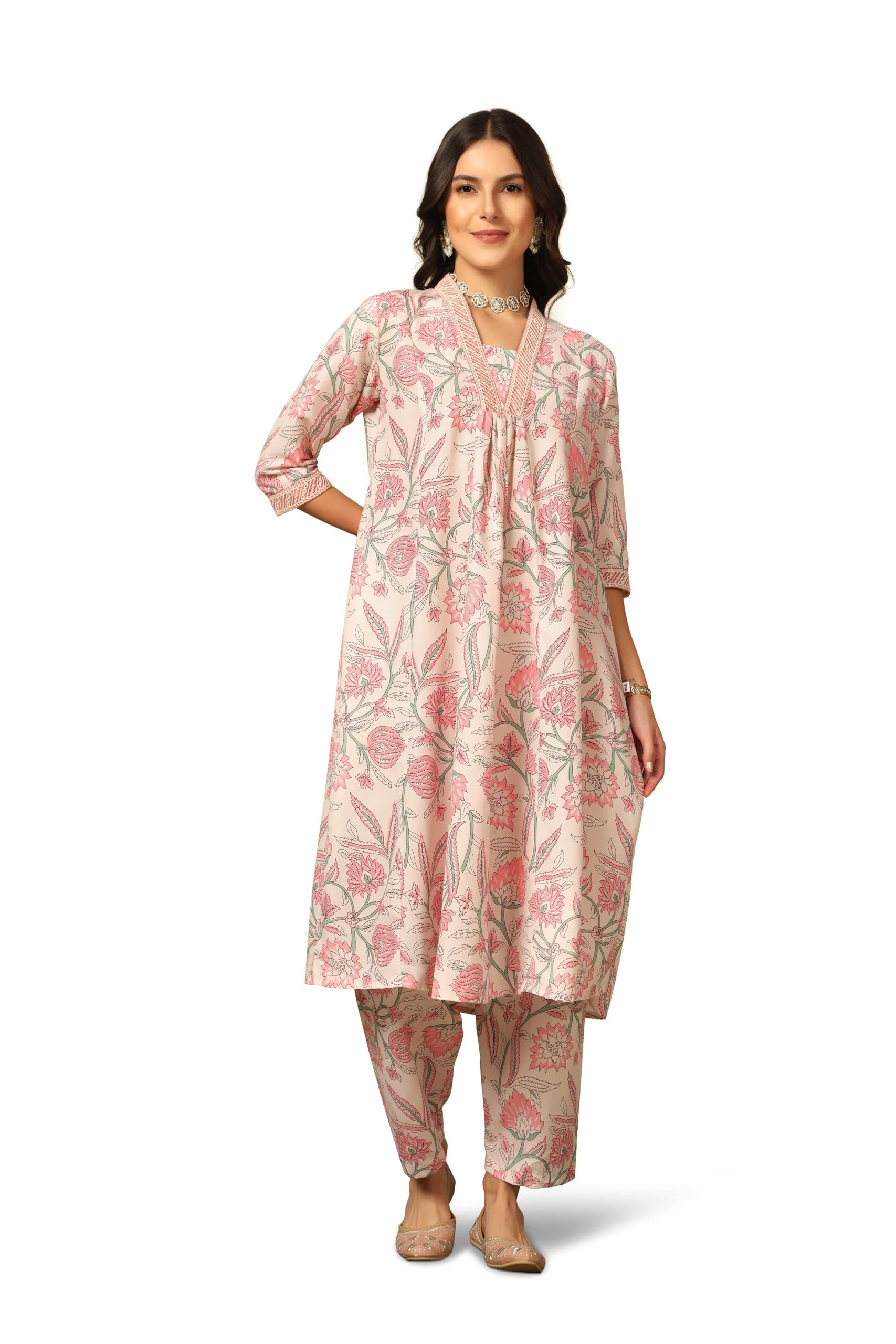Off White Semi Cotton Floral Kurta Set for Women