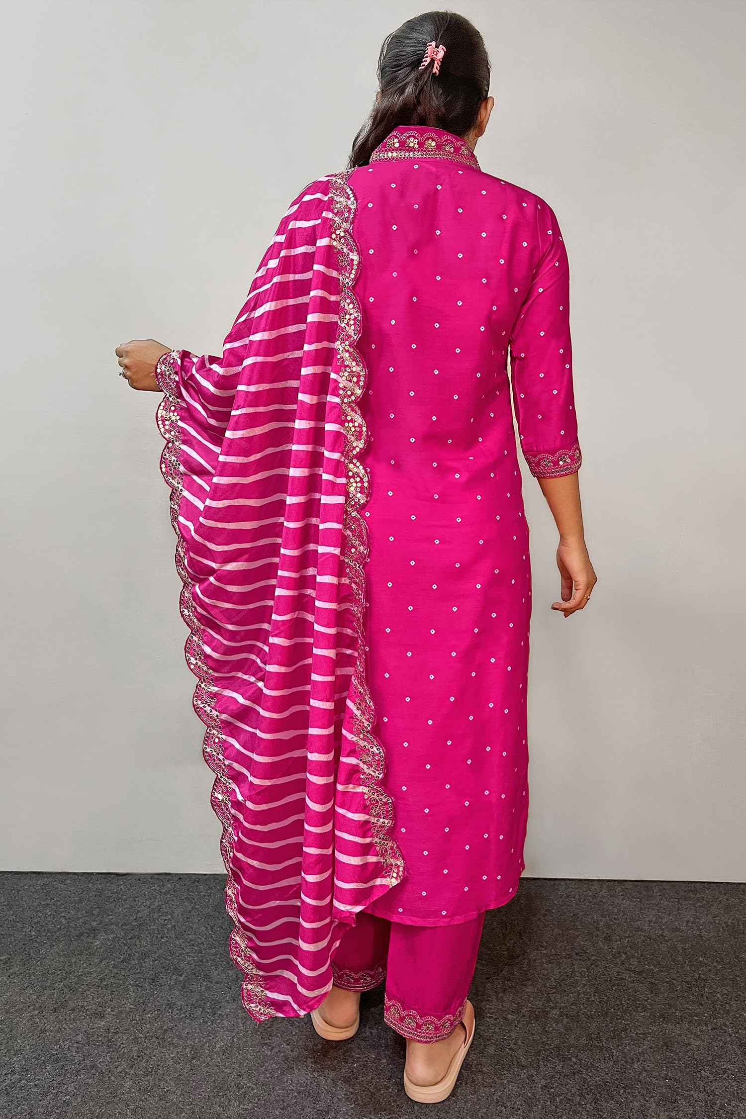 Rani Chinon Silk Kurta Pant Set with Dupatta - Bandhani - Image 2