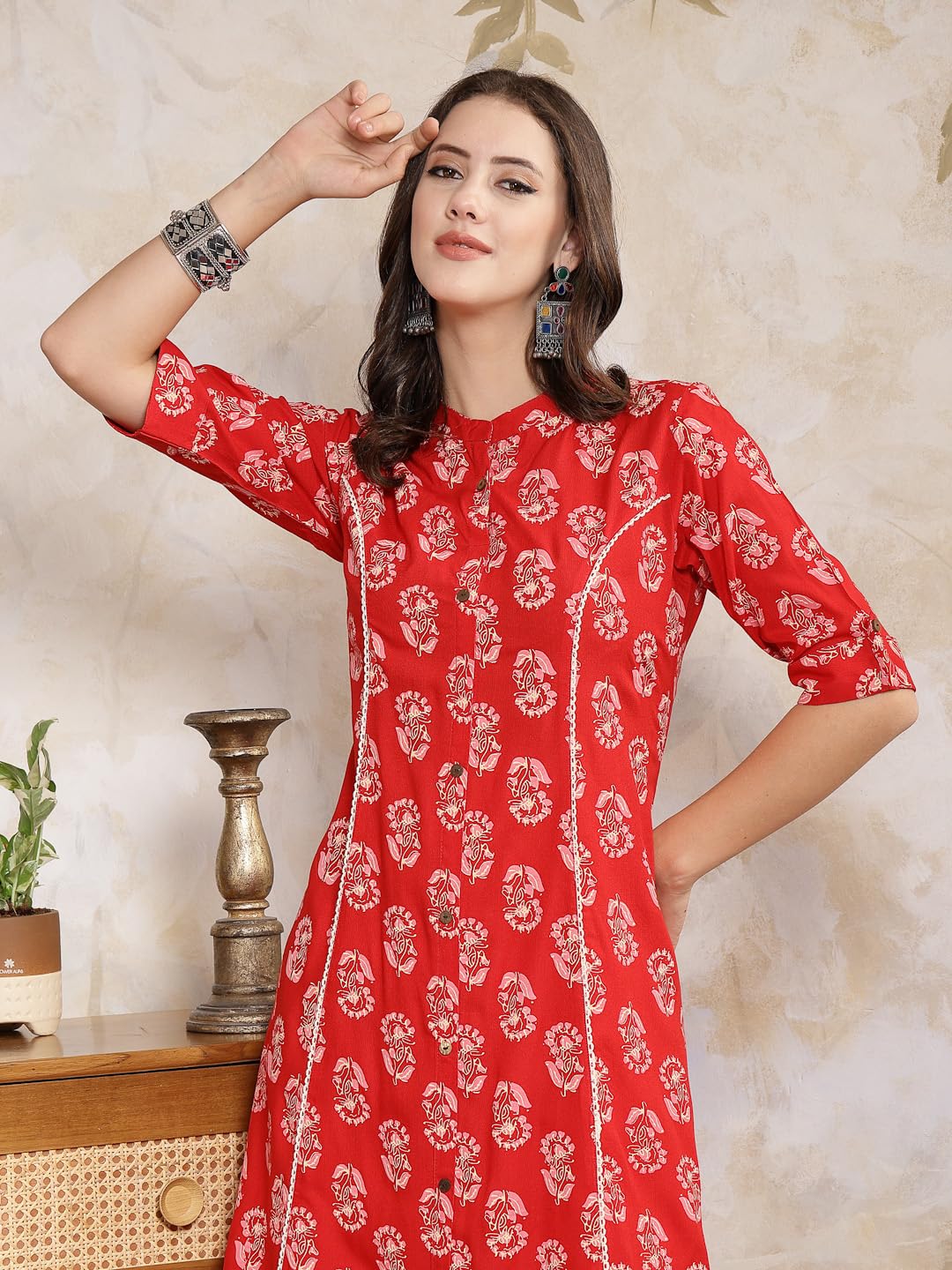 Stylum Women's Floral Printed Rayon A-Line Kurta - Red - Image 5