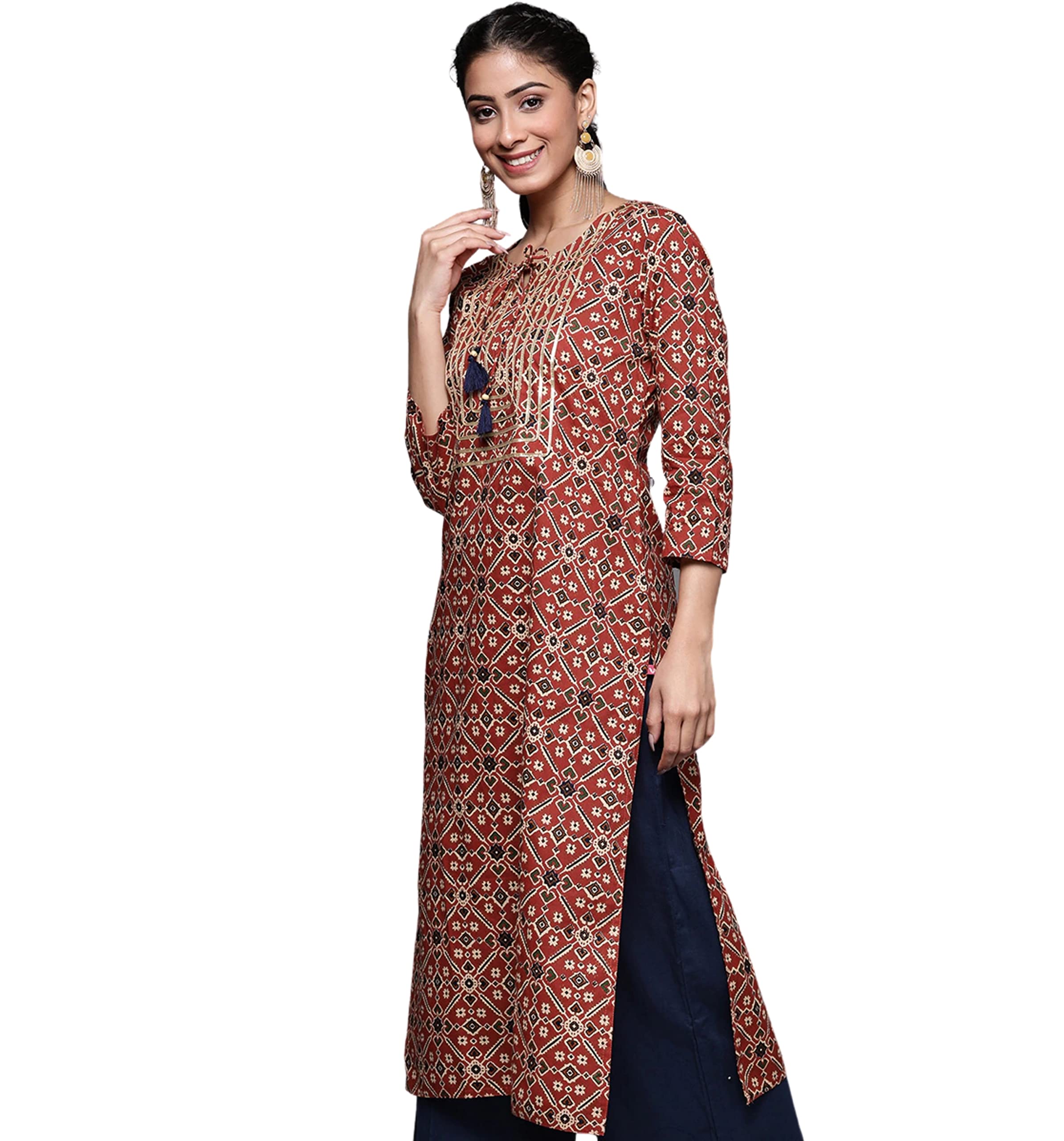 rytras Women's Cotton Printed Straight Kurta - Maroon - Image 2